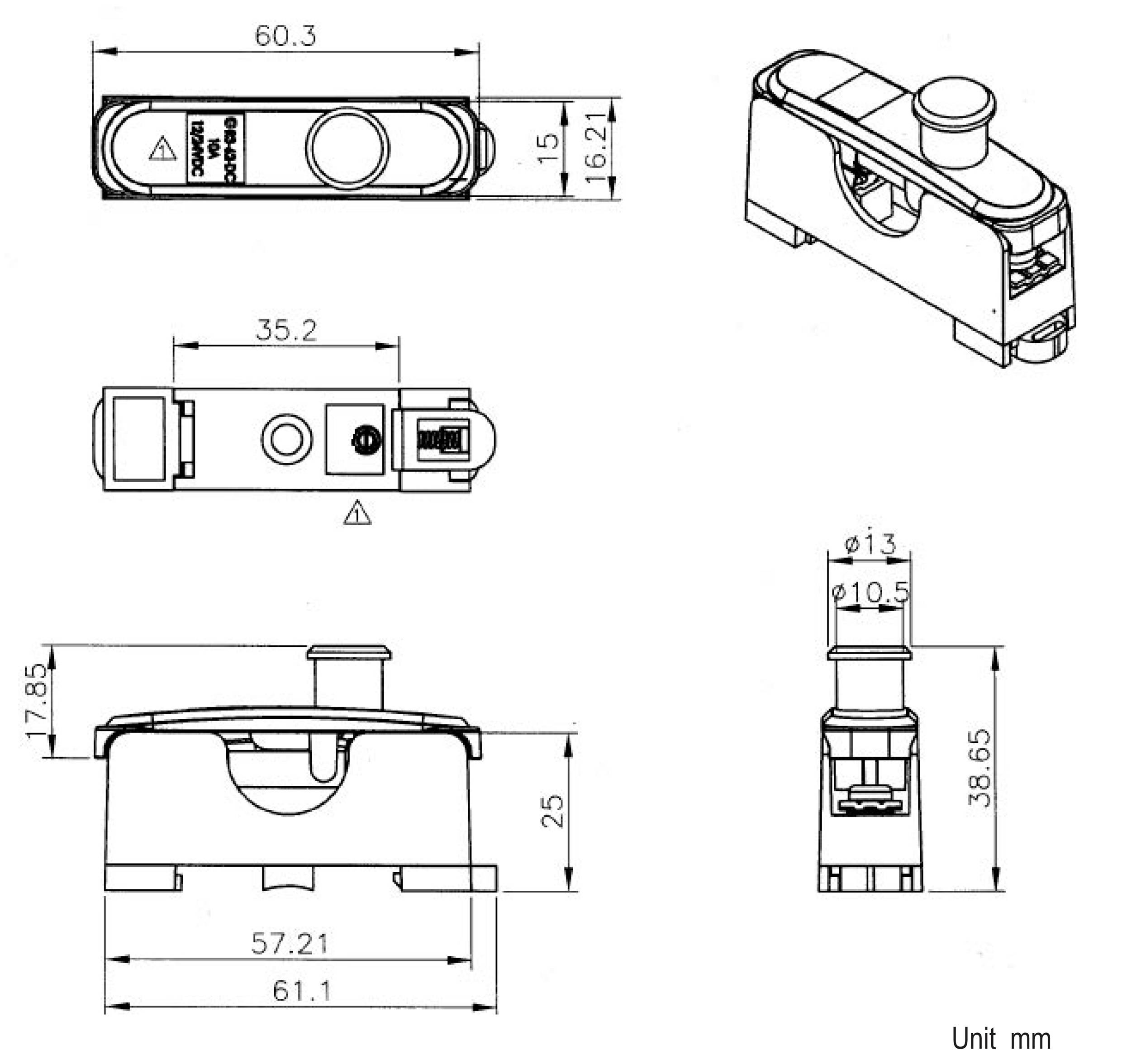 Dessin technique d'un composant avec différentes vues et dimensions en millimètres. La vue principale présente une forme rectangulaire.