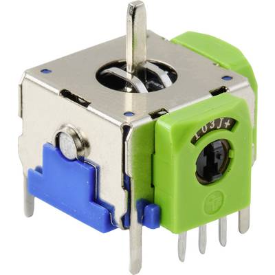 Un commutateur rotatif électronique vert et bleu avec boîtier métallique et plusieurs broches de connexion, adapté aux applications électriques.