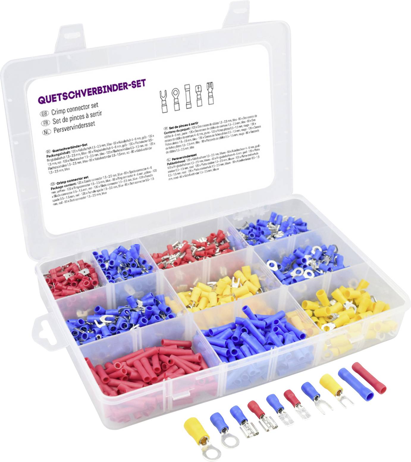 Boîtier en plastique ouvert contenant un assortiment de connecteurs et terminaux de fils isolés codés par couleur, étiqueté « QUETSCHVERBINDER-SET », avec des connecteurs échantillons exposés devant.