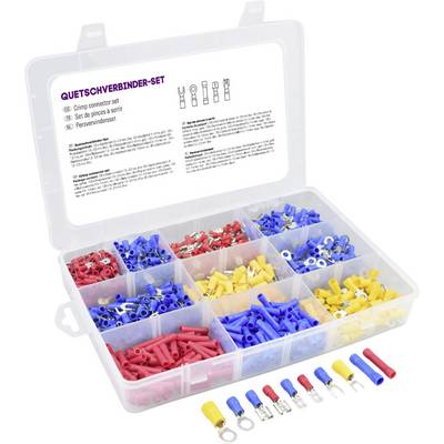 Boîtier en plastique ouvert contenant un assortiment de connecteurs et terminaux de fils isolés codés par couleur, étiqueté « QUETSCHVERBINDER-SET », avec des connecteurs échantillons exposés devant.