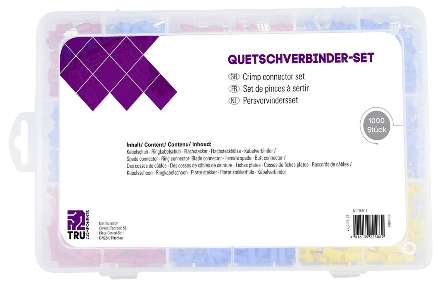 Boîte en plastique d'assortiment de connecteurs à sertir étiqueté « QUETSCHVERBINDER-SET », 1000 pièces, avec liste du contenu multilingue et logo TRU.