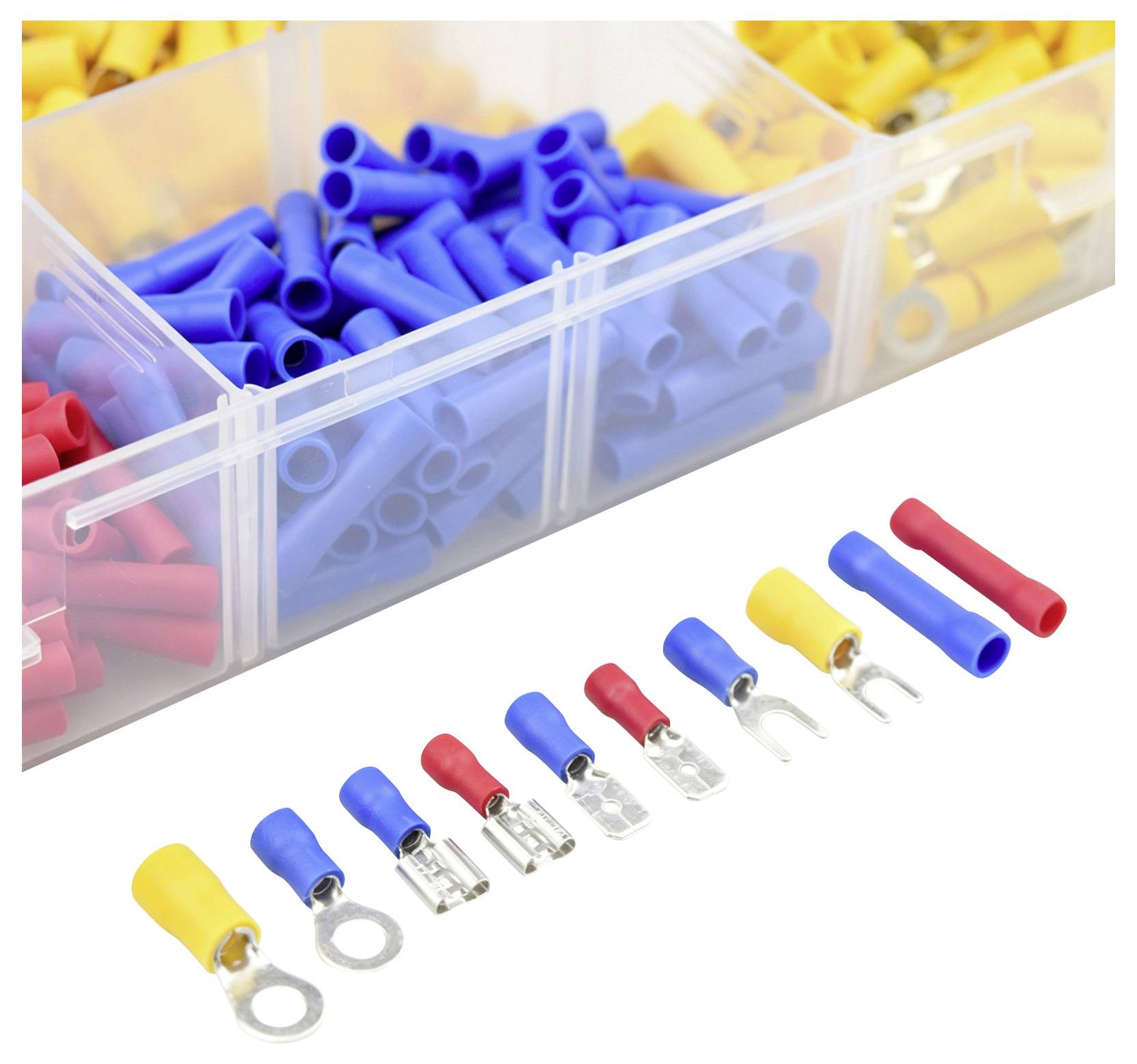 Assortiment de cosses et connecteurs de fil isolés dans une boîte de rangement, avec plusieurs connecteurs à sertir alignés au premier plan.