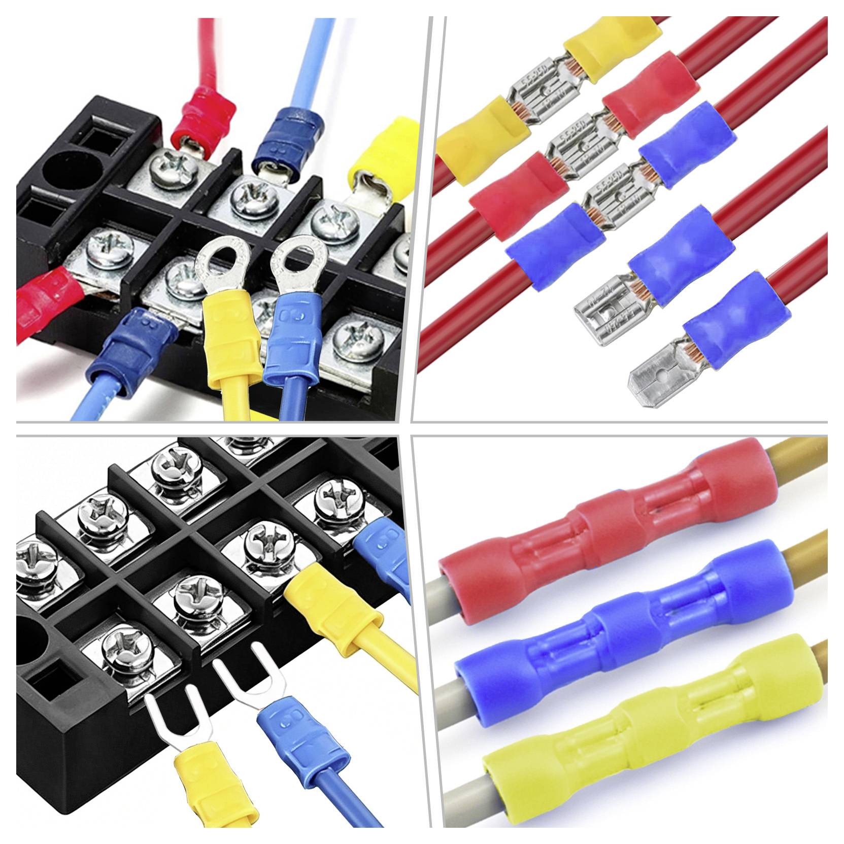 Collage montrant des connecteurs de fils électriques et des blocs de bornes avec des cosses de sertissage isolées rouges, bleues et jaunes attachées à des fils.