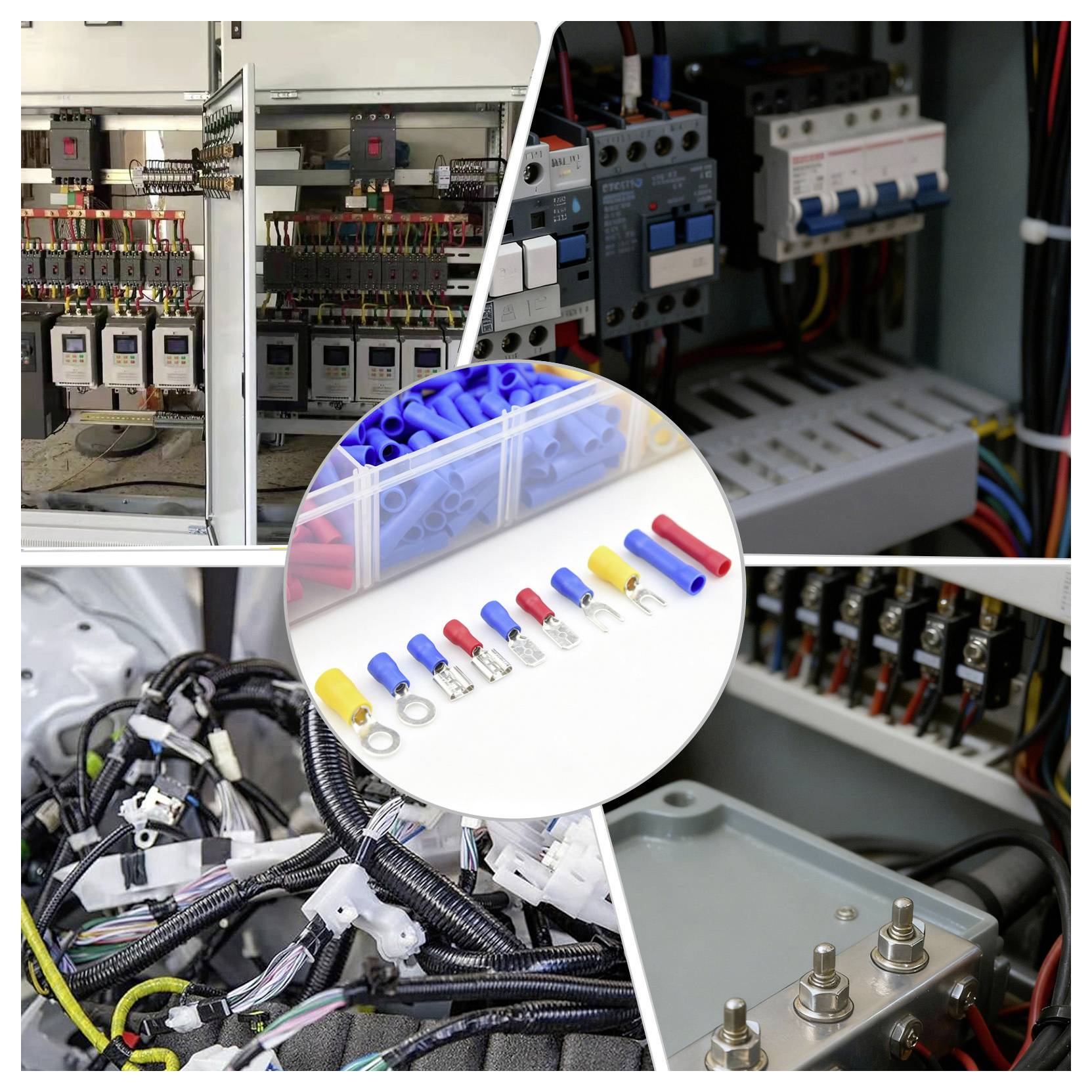 Collage de tableaux de commande électrique et de câblage, avec disjoncteurs, blocs de bornes, faisceaux de câbles et assortis de connecteurs de fils.