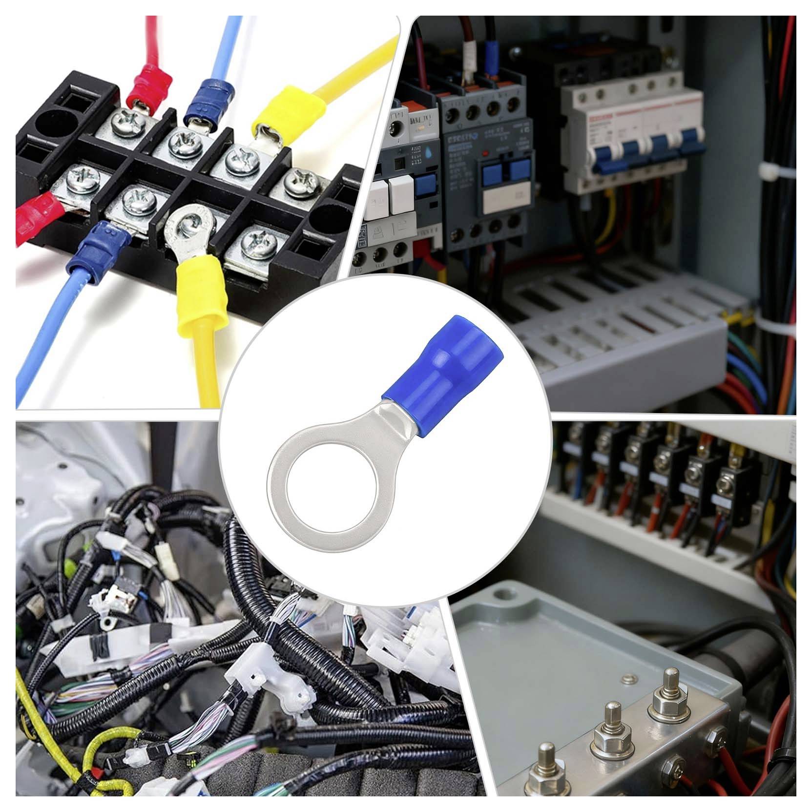Collage de câblage électrique et de bornes, avec un connecteur à sertir annulaire bleu au centre, montrant des connexions électriques industrielles et des assemblages de câbles.