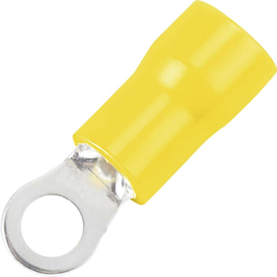 Terminal annelé isolé jaune sur fond blanc pour connecteur électrique.
