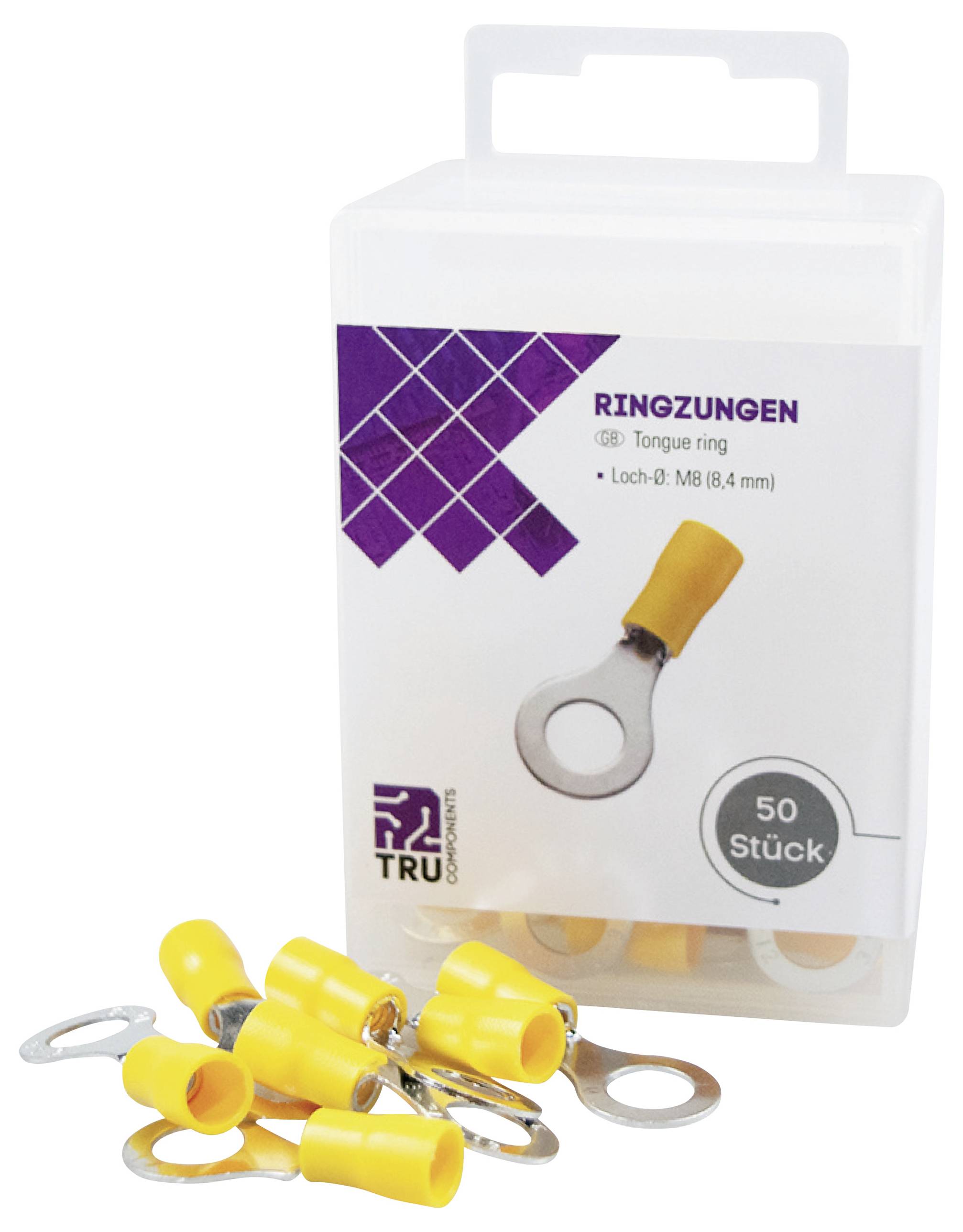 Un paquet de cosses à œillet jaunes partiellement ouvert, avec quelques cosses déversées. L'étiquette indique 'Ringzungen', taille 'Loch-Ø : M8 (8,4 mm)'.