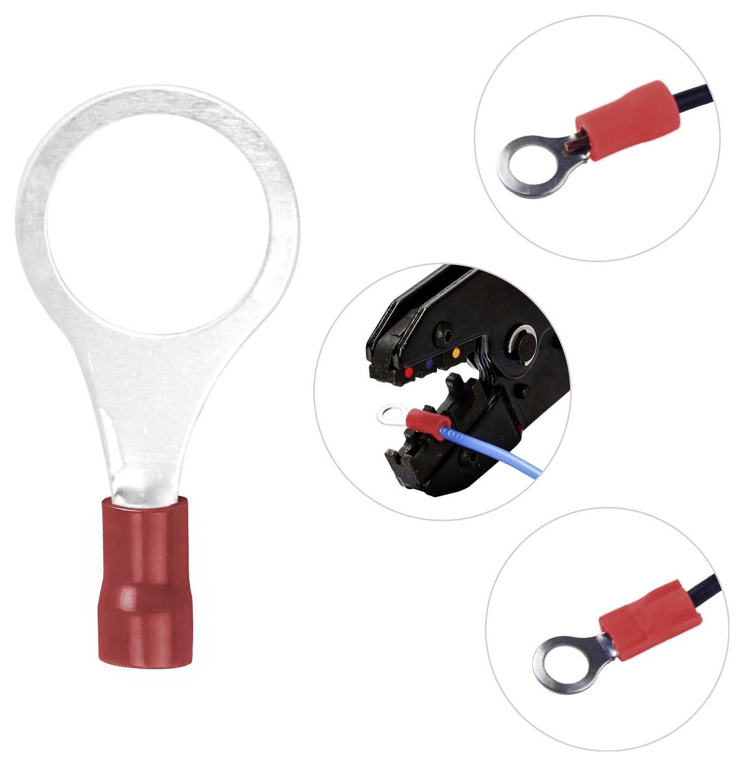 Connecteur à anneau, montré avec ses extrémités de fil sertis et un exemple de fixation dans un outil de sertissage.