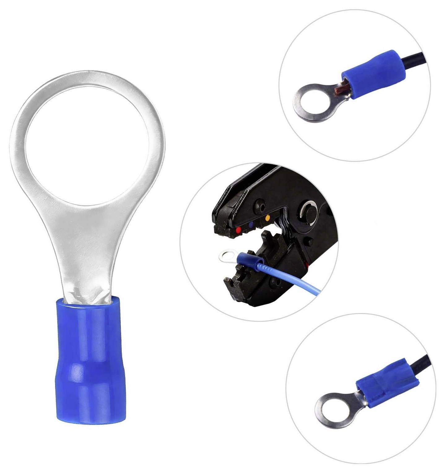 Connecteur à anneau isolé bleu montré avec un outil de sertissage, illustrant comment le connecteur est fixé à un fil.