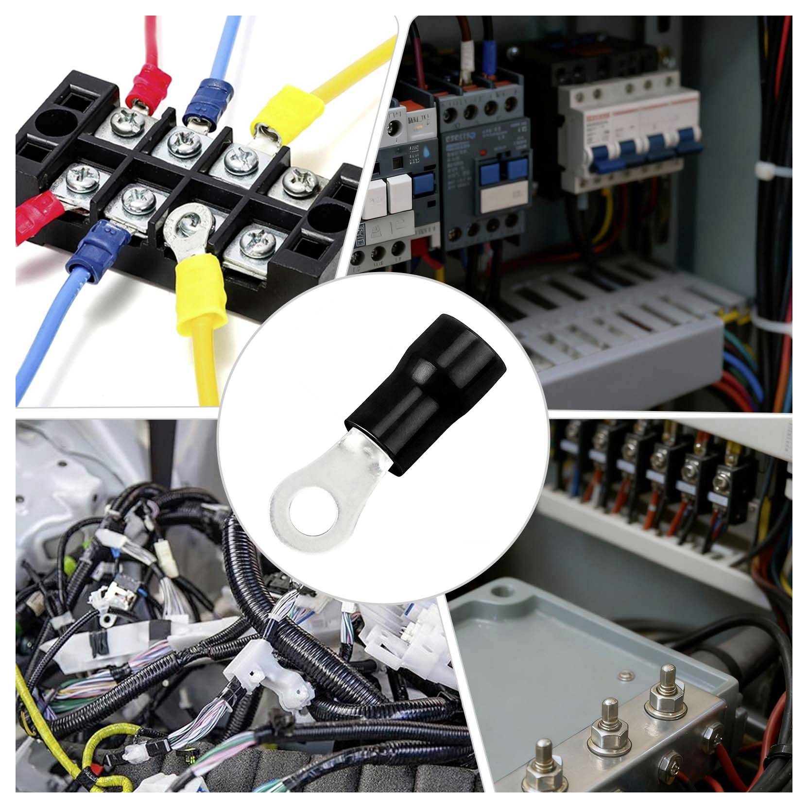 Collage montrant des cosses électriques annelées isolées et des câblages dans des panneaux de commande, mettant en évidence les connexions à bornes à vis sécurisées et les faisceaux de câbles.