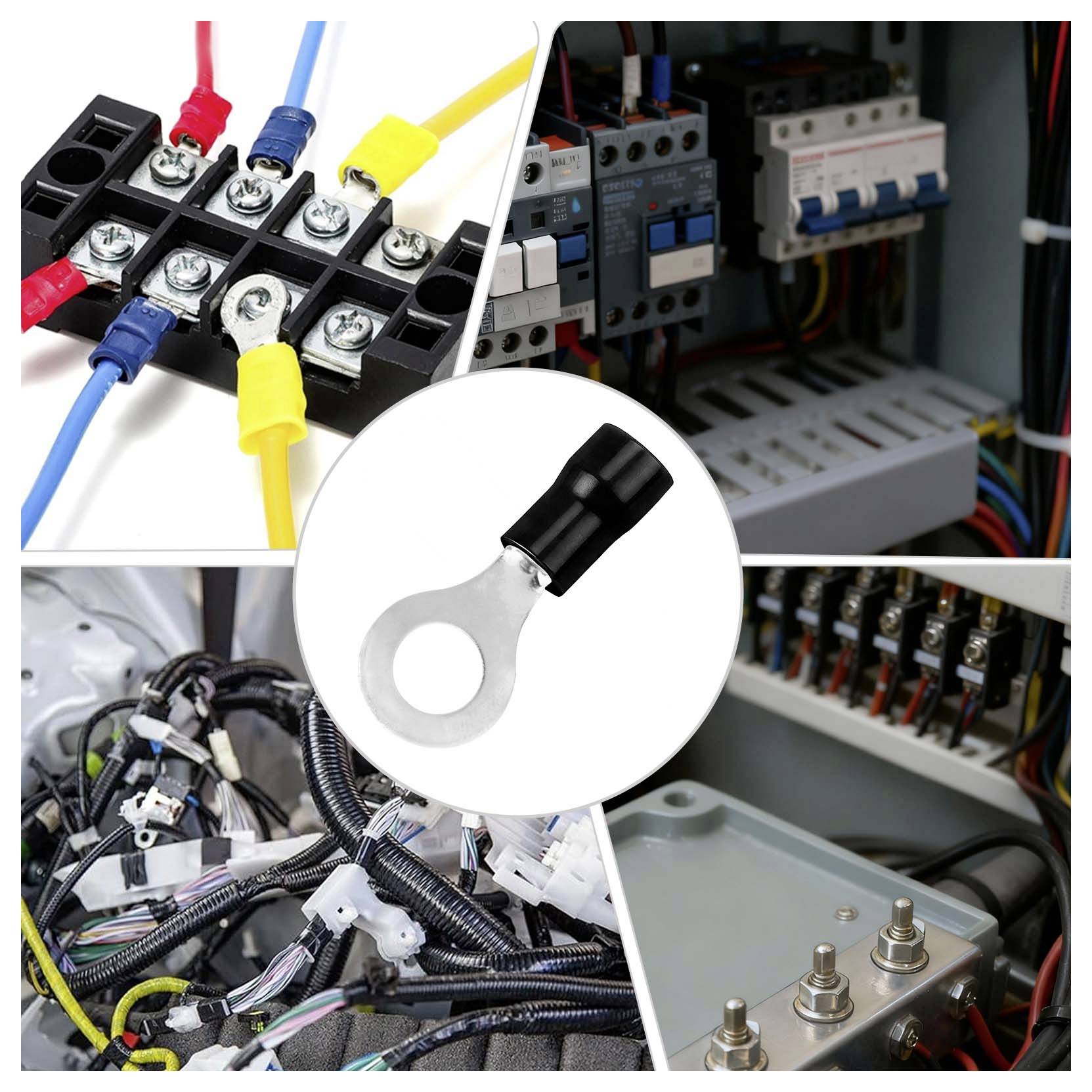 Collage de câblage électrique et de connexions de bornes dans les panneaux de commande et les machines, centré sur un connecteur à anneau utilisé pour la fixation sécurisée des câbles.