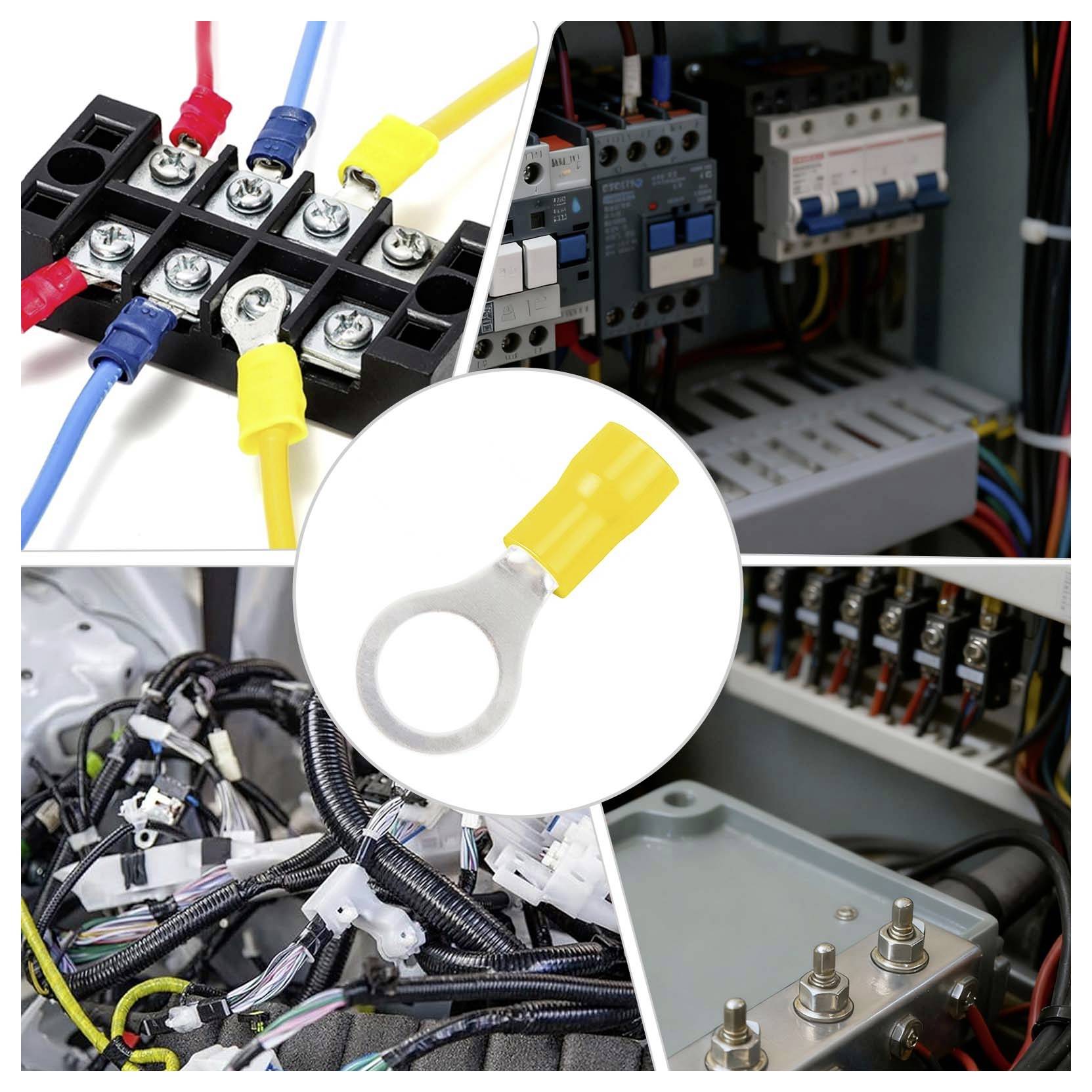 Collage de câblage électrique et de blocs de bornes, avec connecteur en anneau sertis montré au centre, illustrant les connexions de câbles industriels et le câblage du panneau.