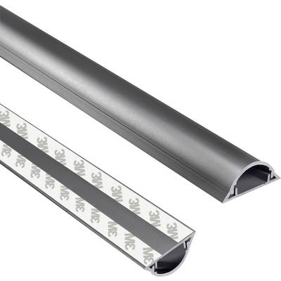 Gaine de câble en aluminium avec adhésif au dos, conçue pour organiser et dissimuler les câbles, présentée sous différents angles de vue.