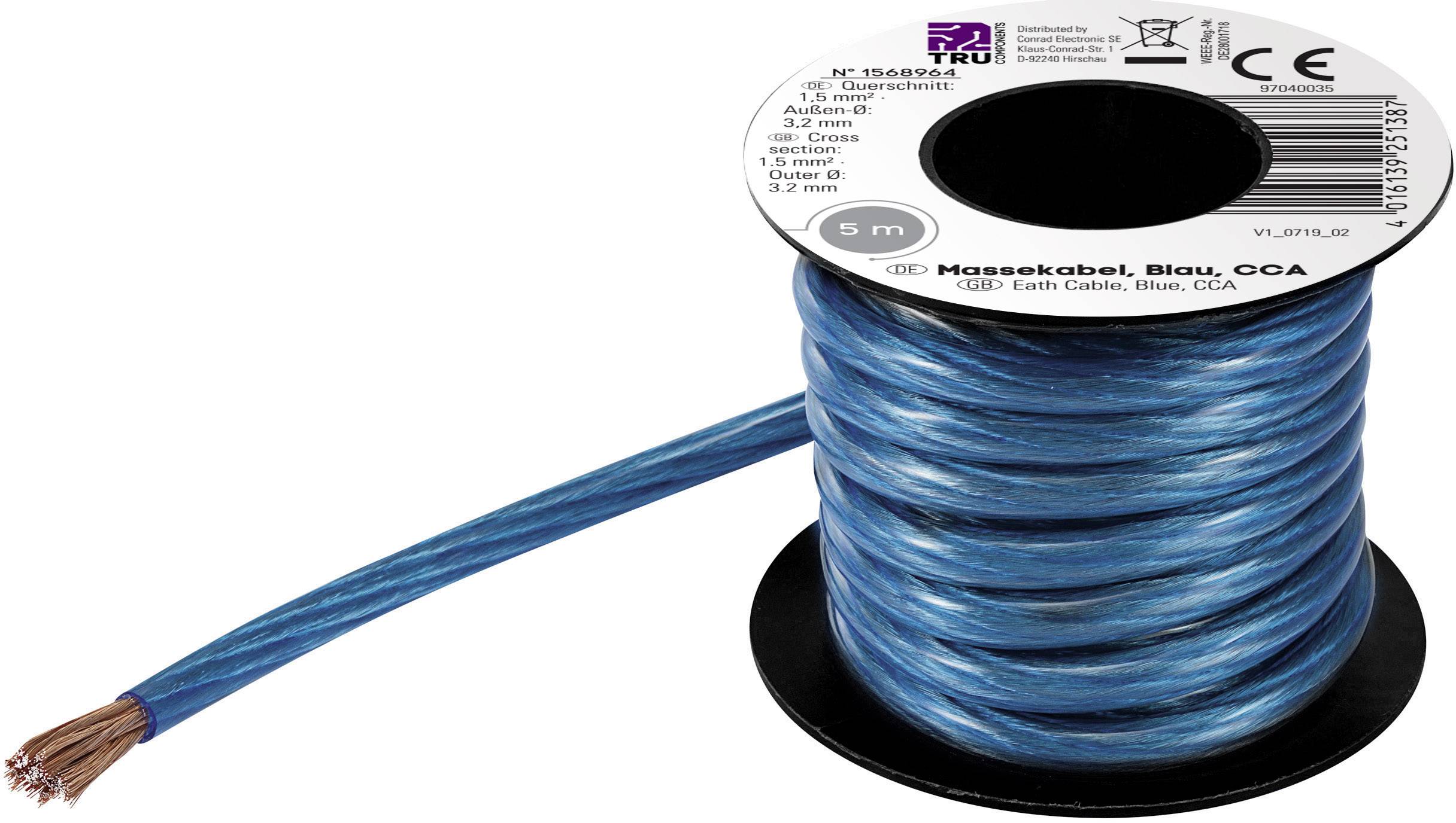 Câble de masse TRU COMPONENTS 93030c468 1568964 1 x 1.50 mm² bleu 5 m