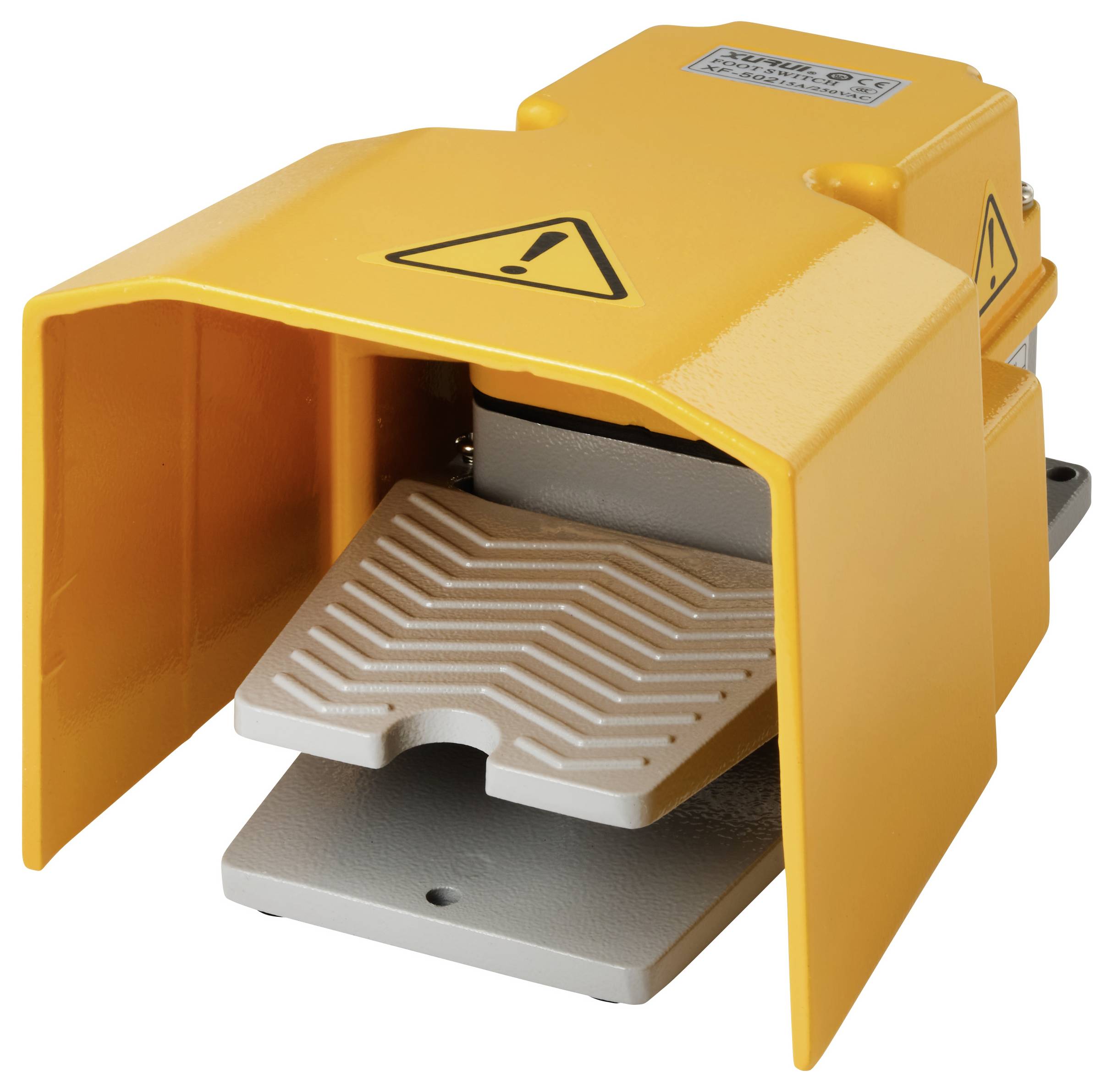 Pédale jaune avec capot de protection et symbole d'avertissement. Fréquemment utilisée dans les applications industrielles pour la commande de machines.