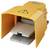 Pédale jaune avec capot de protection et symbole d'avertissement. Fréquemment utilisée dans les applications industrielles pour la commande de machines.