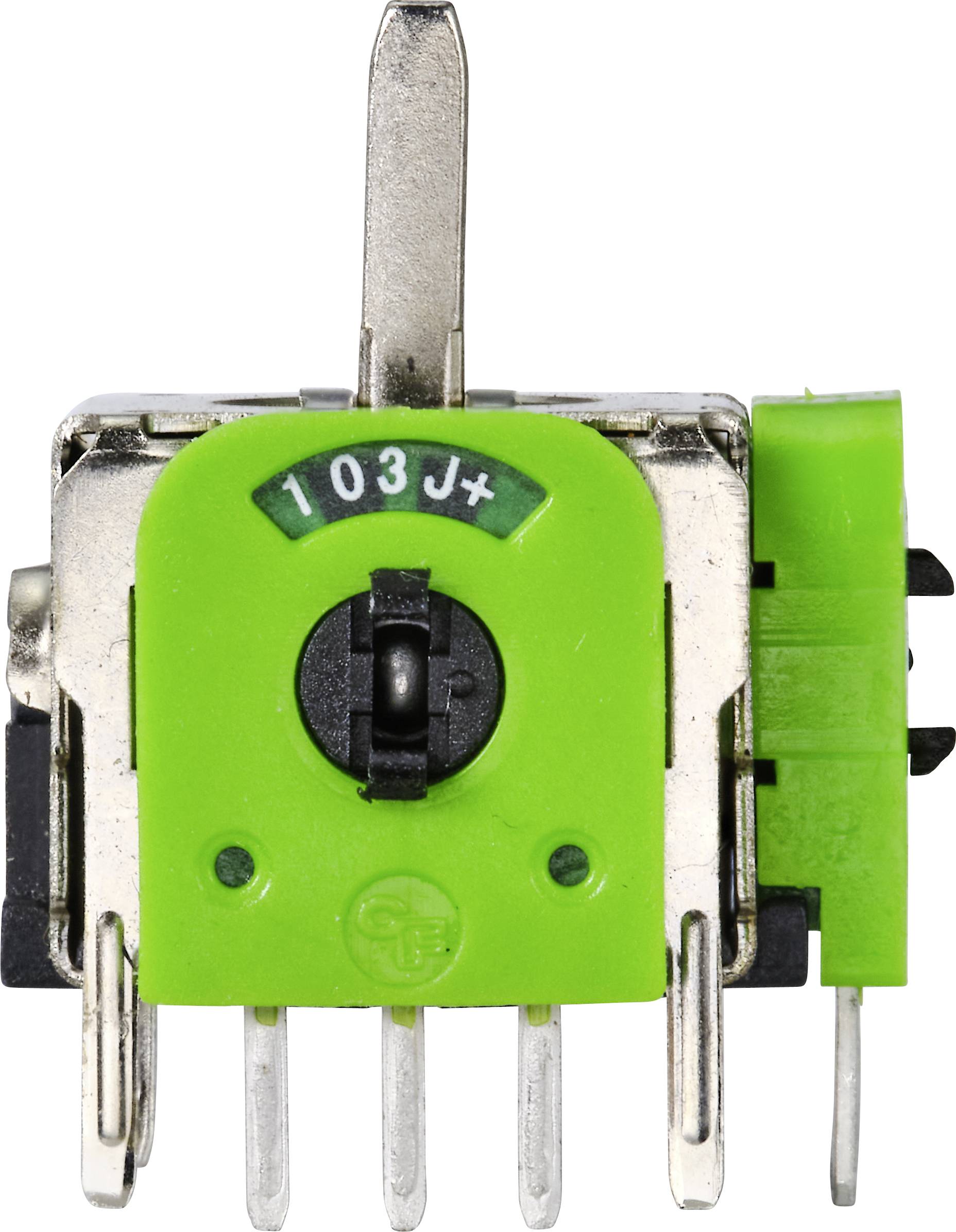 Image d'un interrupteur électrique vert portant l'inscription "103J+" et équipé d'un levier métallique et de plusieurs broches pour la connexion électrique.