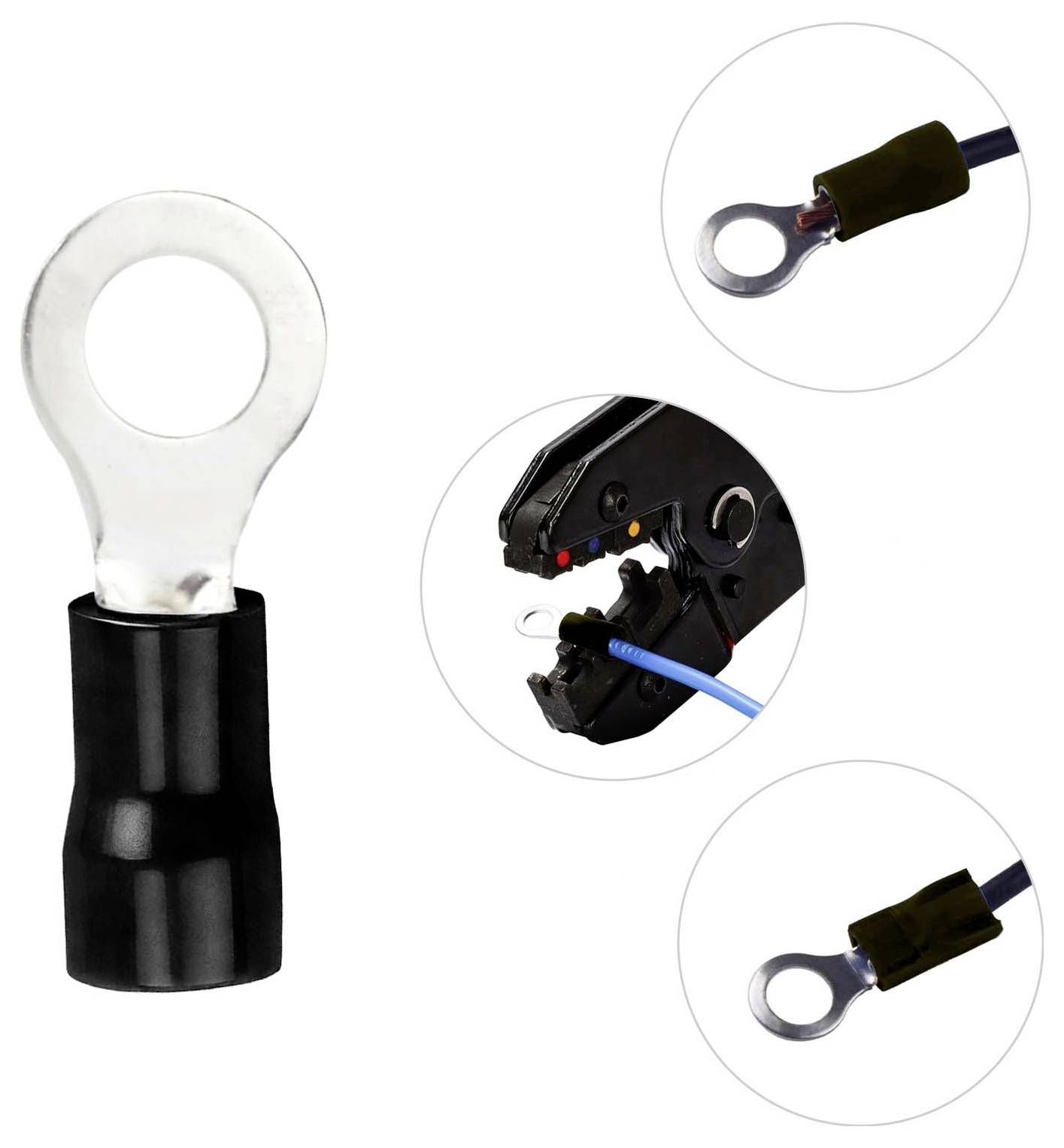 Terminal à bague de sertissage sur un câble, montré avec un connecteur isolant noir et trois vues circulaires agrandies du terminal et du processus de sertissage.