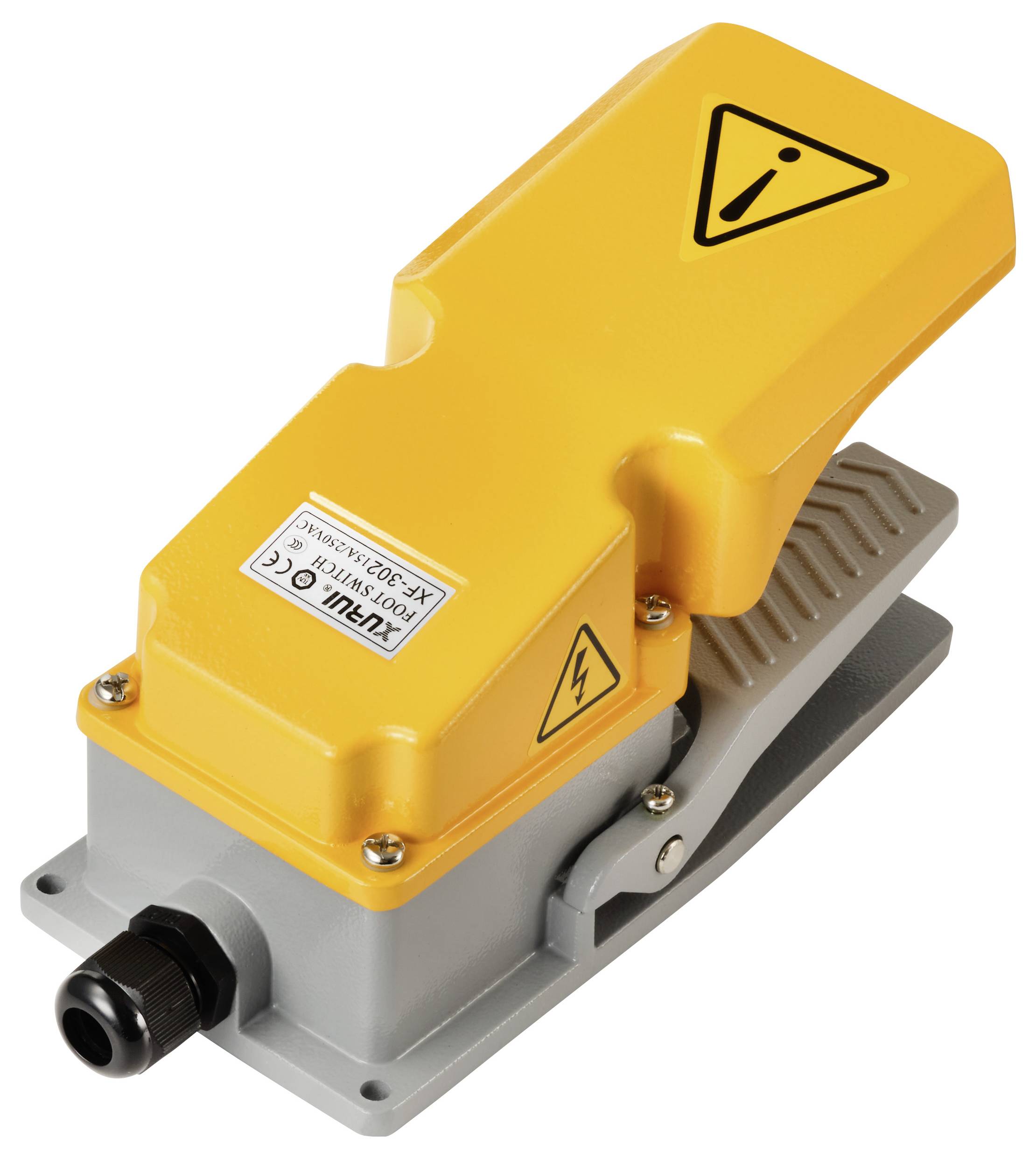 Une pédale jaune avec des symboles d'avertissement sur le dessus. Elle indique des dangers électriques et est destinée au contrôle de machines industrielles.