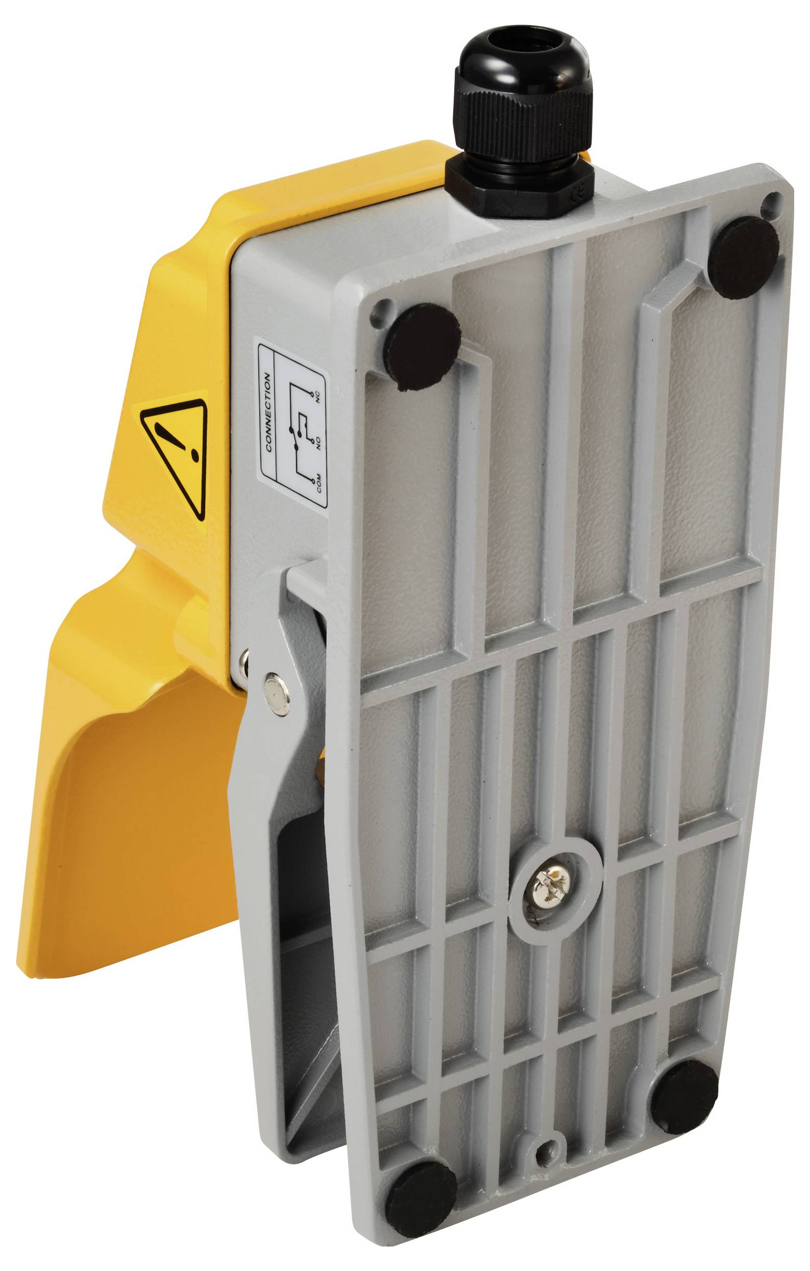 Commutateur industriel de couleur jaune-grise, avec avertissements symboliques. Utilisé dans des applications critiques pour la sécurité.