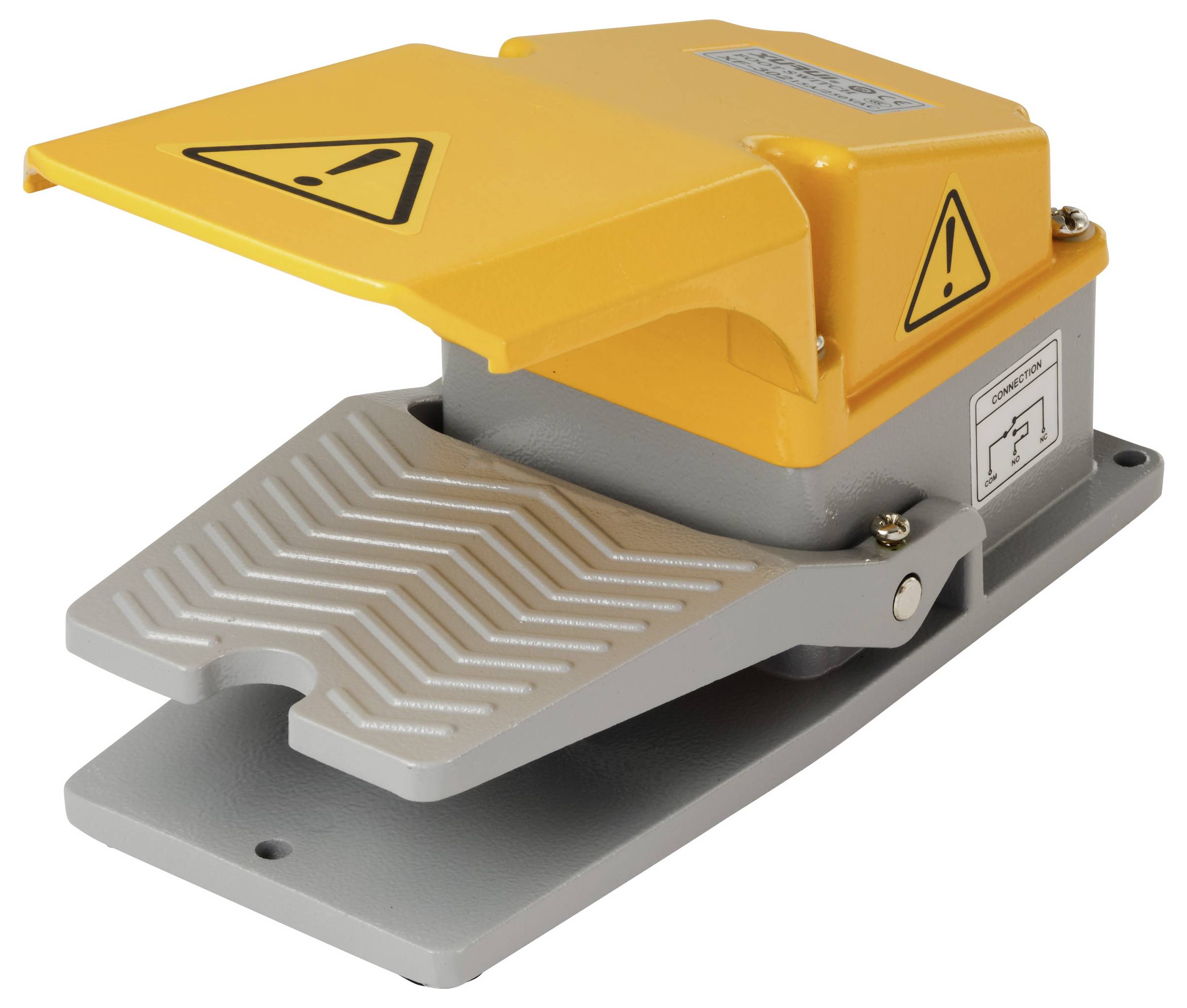 Un interrupteur à pédale de sécurité jaune avec capot de protection et symbole d'avertissement. Utilisé principalement pour la commande de machines.