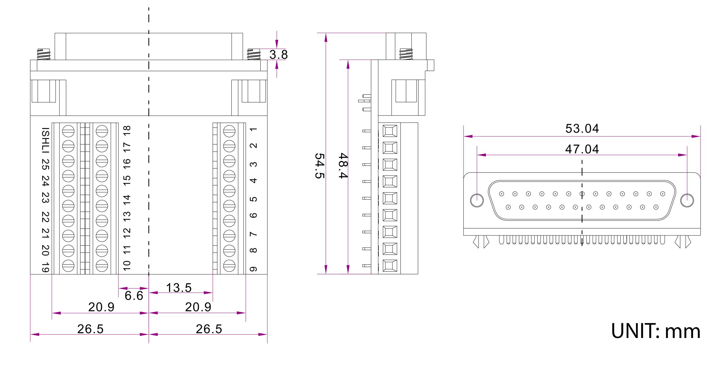 Dessin technique d'un connecteur à 26 broches avec des mesures détaillées en millimètres, présentant les vues de face, de côté et de dessus.