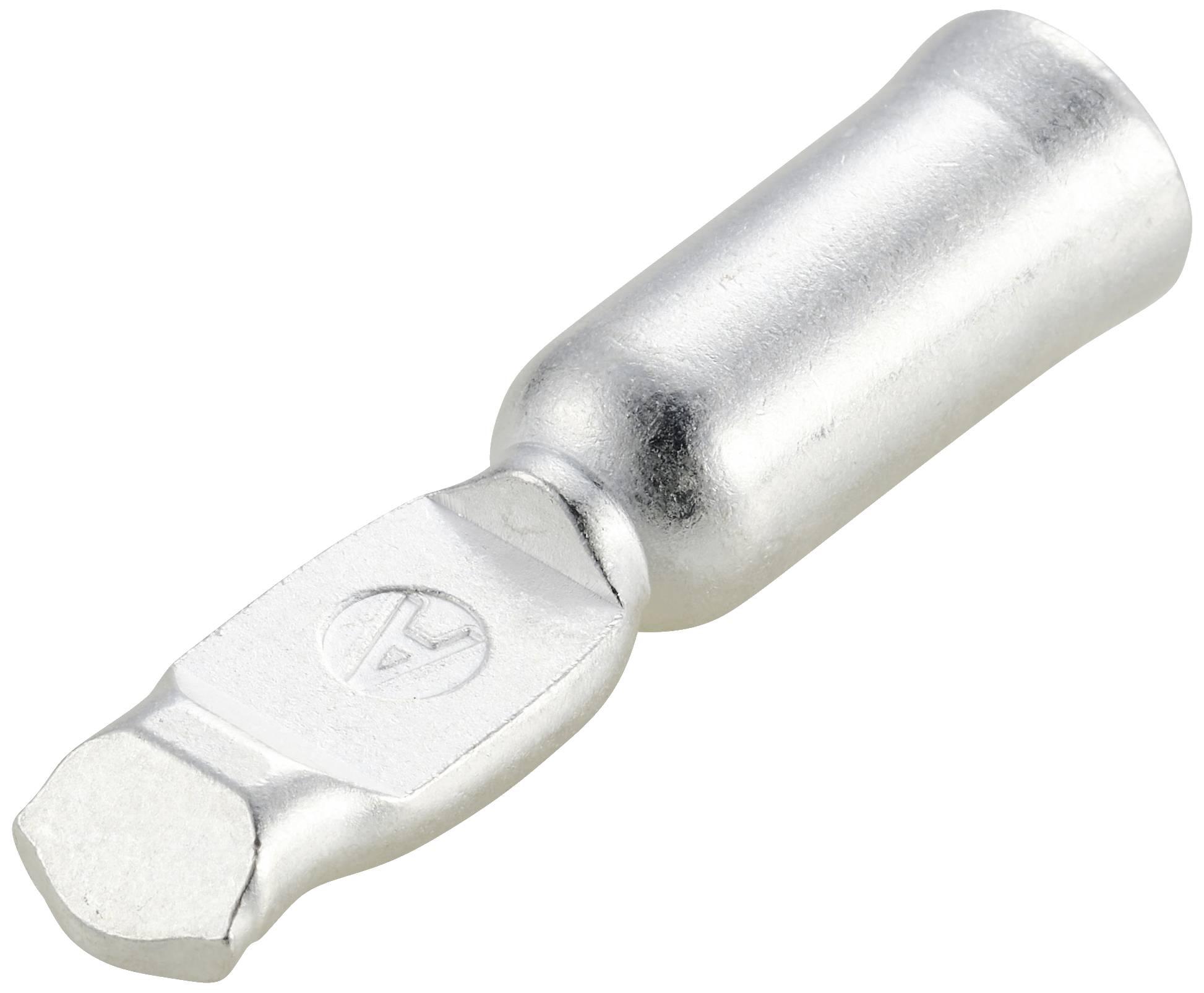 Un embout de câble en argent avec une languette plate et arrondie et une extrémité cylindrique pour la fixation du câble est présenté.