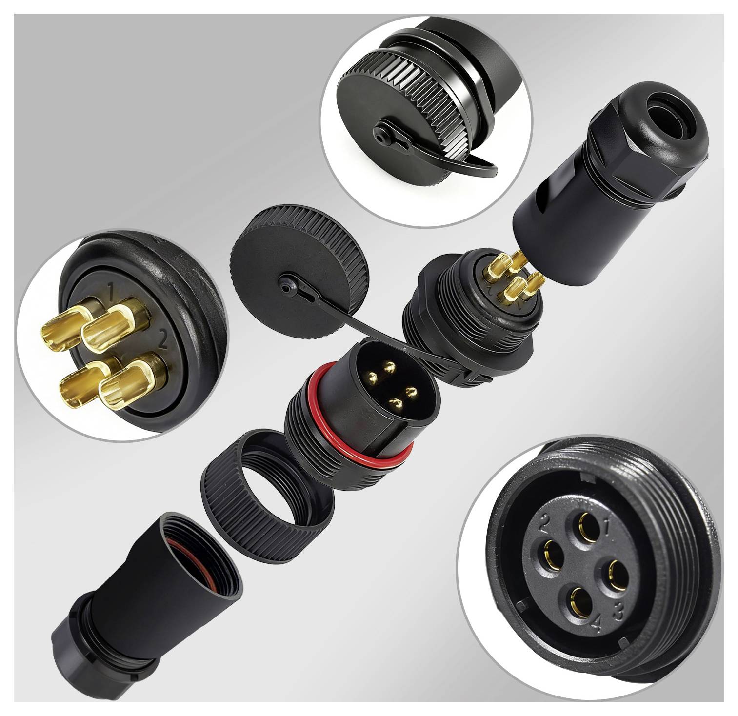 Un système de connecteur circulaire noir à poussoir-tirant avec broches plaquées or et différentes pièces de connecteur, montrant les détails d'assemblage et de connexion.