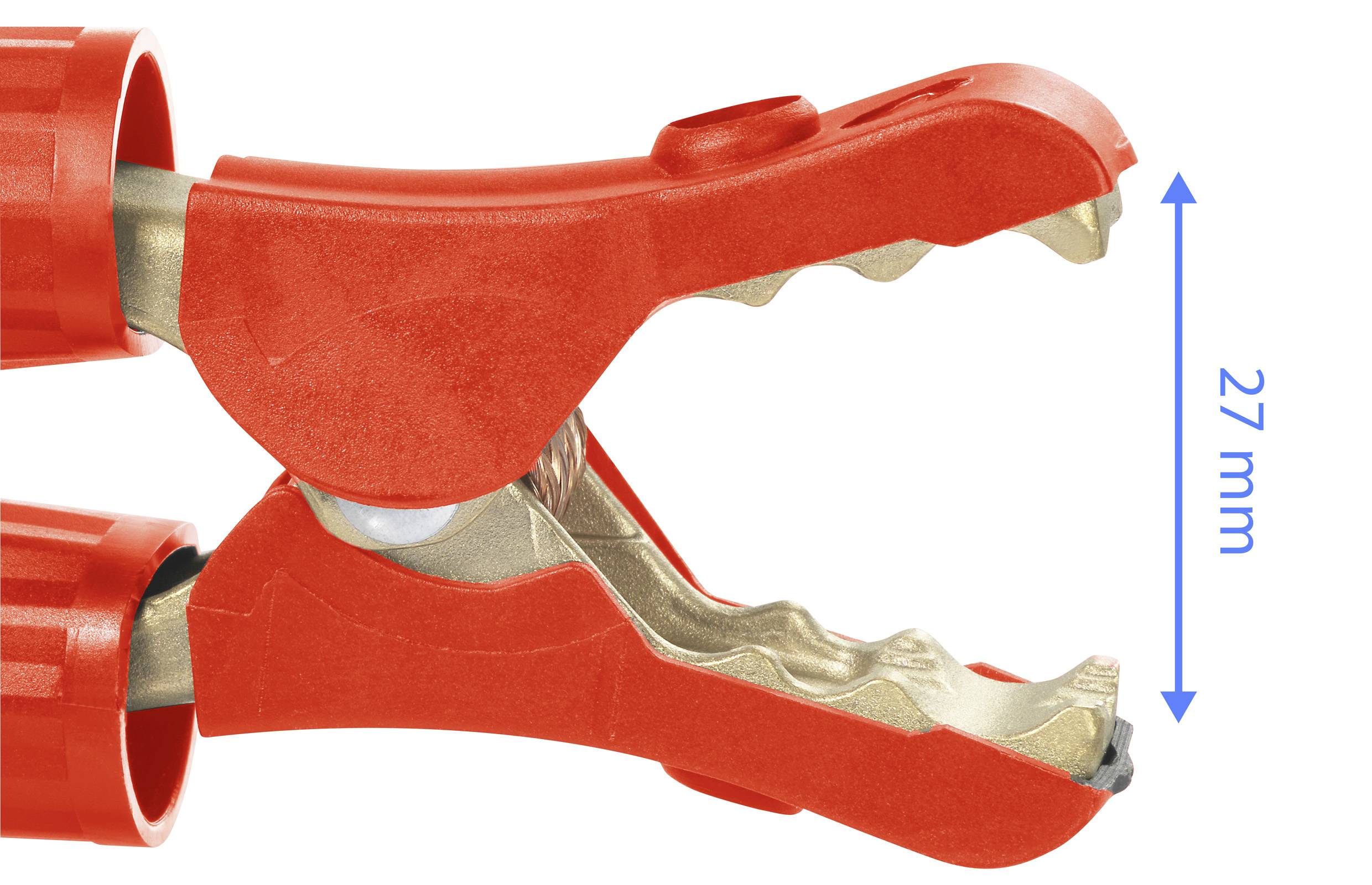 Pince crocodile rouge, ouverte, avec une longueur de mâchoire de 27 mm. Elle est utilisée pour connecter en toute sécurité des câbles électriques.