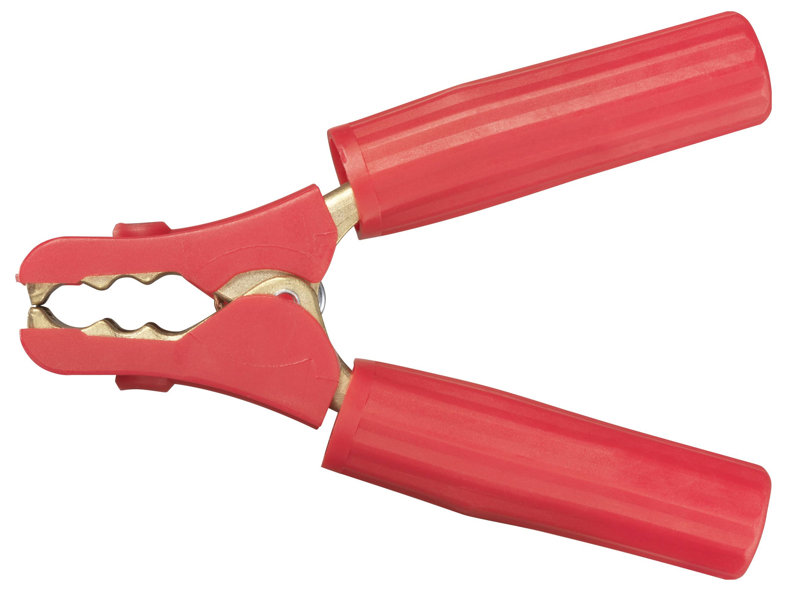 Borne de batterie en plastique rouge, ouverte, montrant des surfaces de contact métalliques. Convient pour connecter des batteries de voiture.