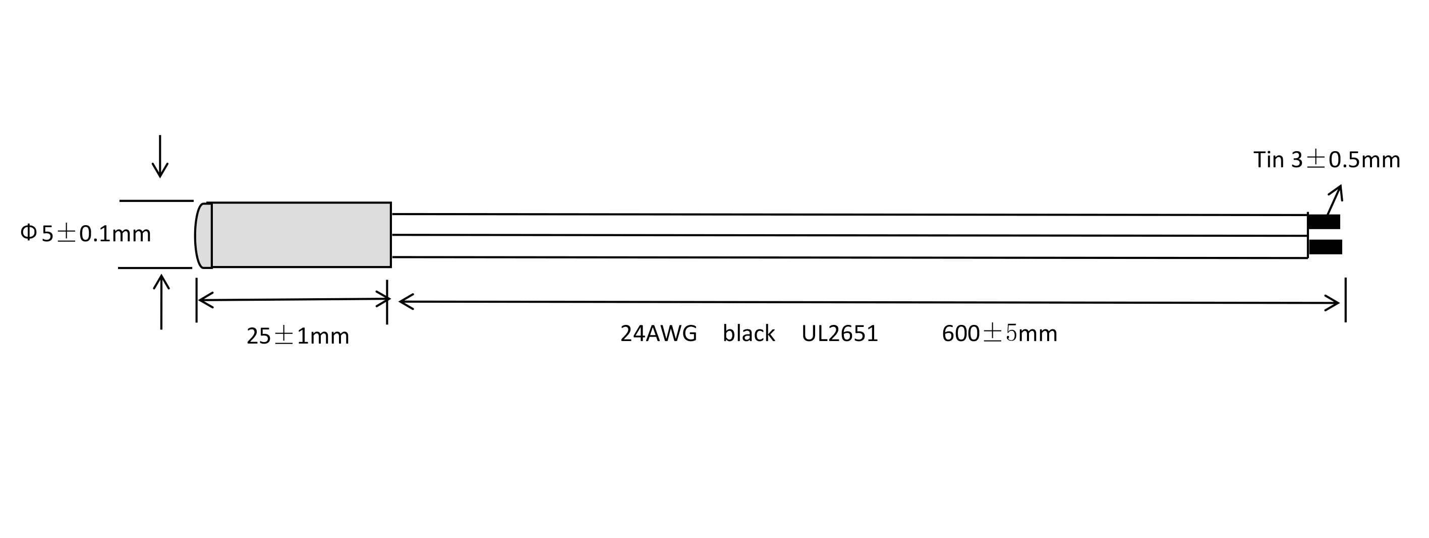 Un capteur cylindrique avec câble, largeur totale de 5 mm, longueur de câble de 600 mm, couleur de gaine noire, diamètre de fil de 24 AWG.