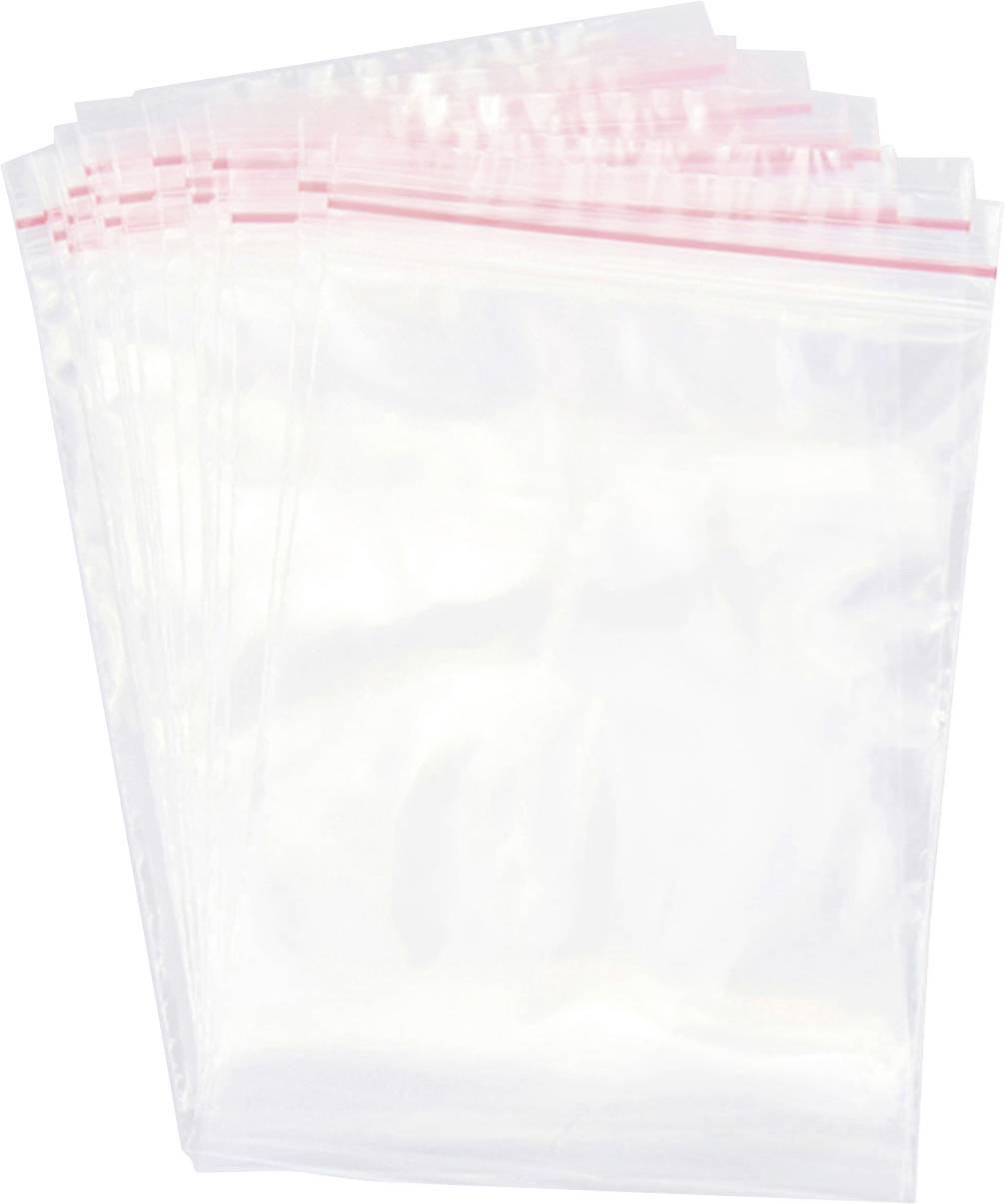 Sacs en plastique transparents refermables avec des fermetures à glissière rouges, empilés dans une pile soigneusement rangée.