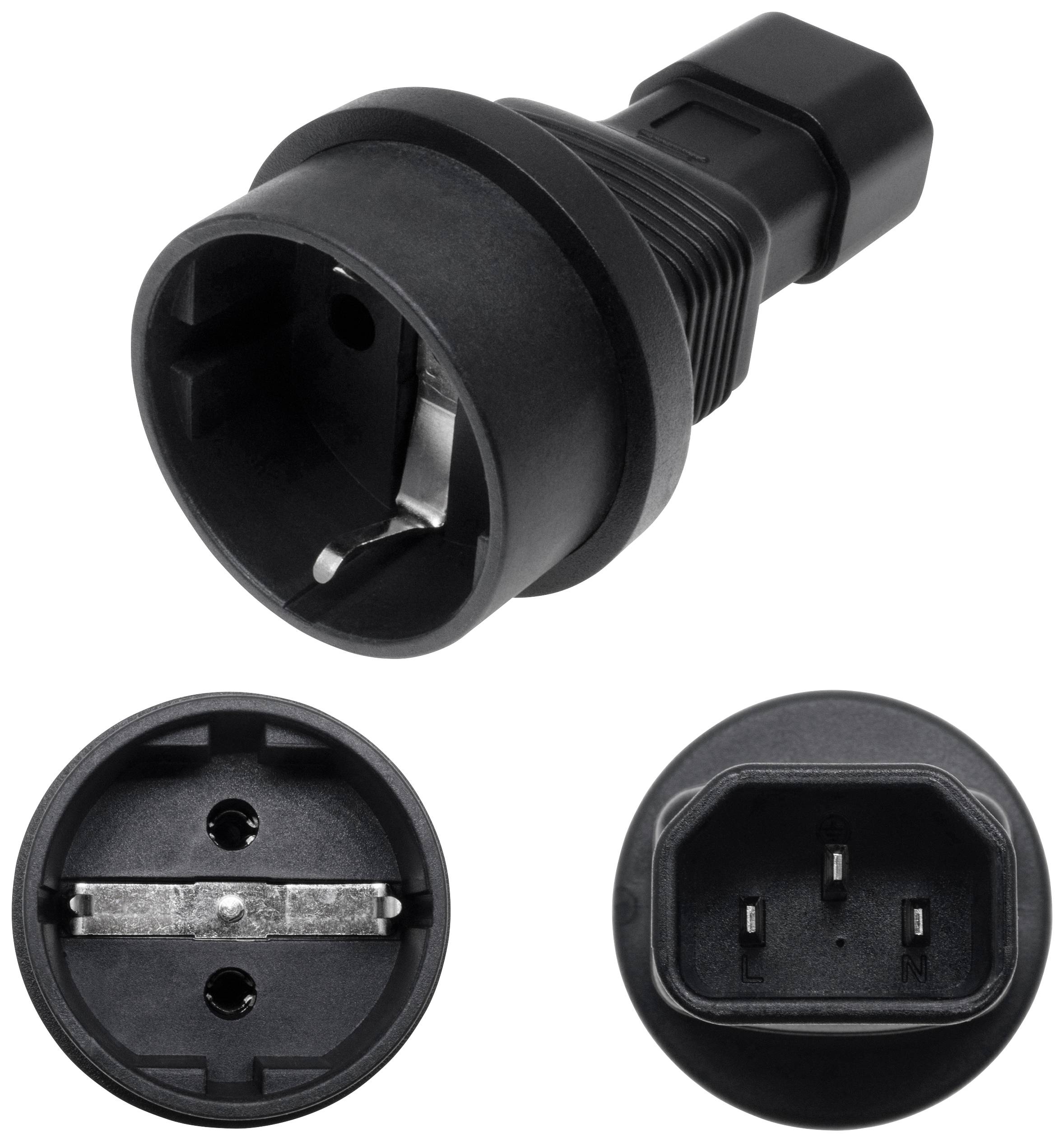 Adaptateur secteur avec fiche Schuko et prise femelle IEC C13. Adapté pour raccorder des équipements informatiques aux prises électriques standard.