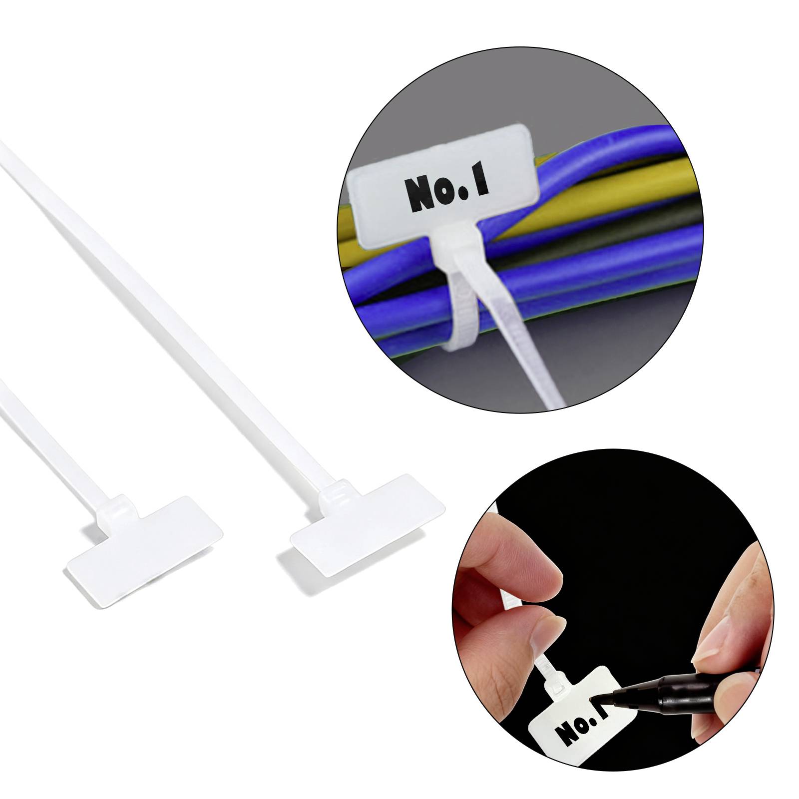 Deux étiquettes de câbles blanches, l'une vierge et l'autre étiquetée « N° 1 », chacune avec une étiquette. Un encart montre une main écrivant « N° 1 » sur une étiquette.