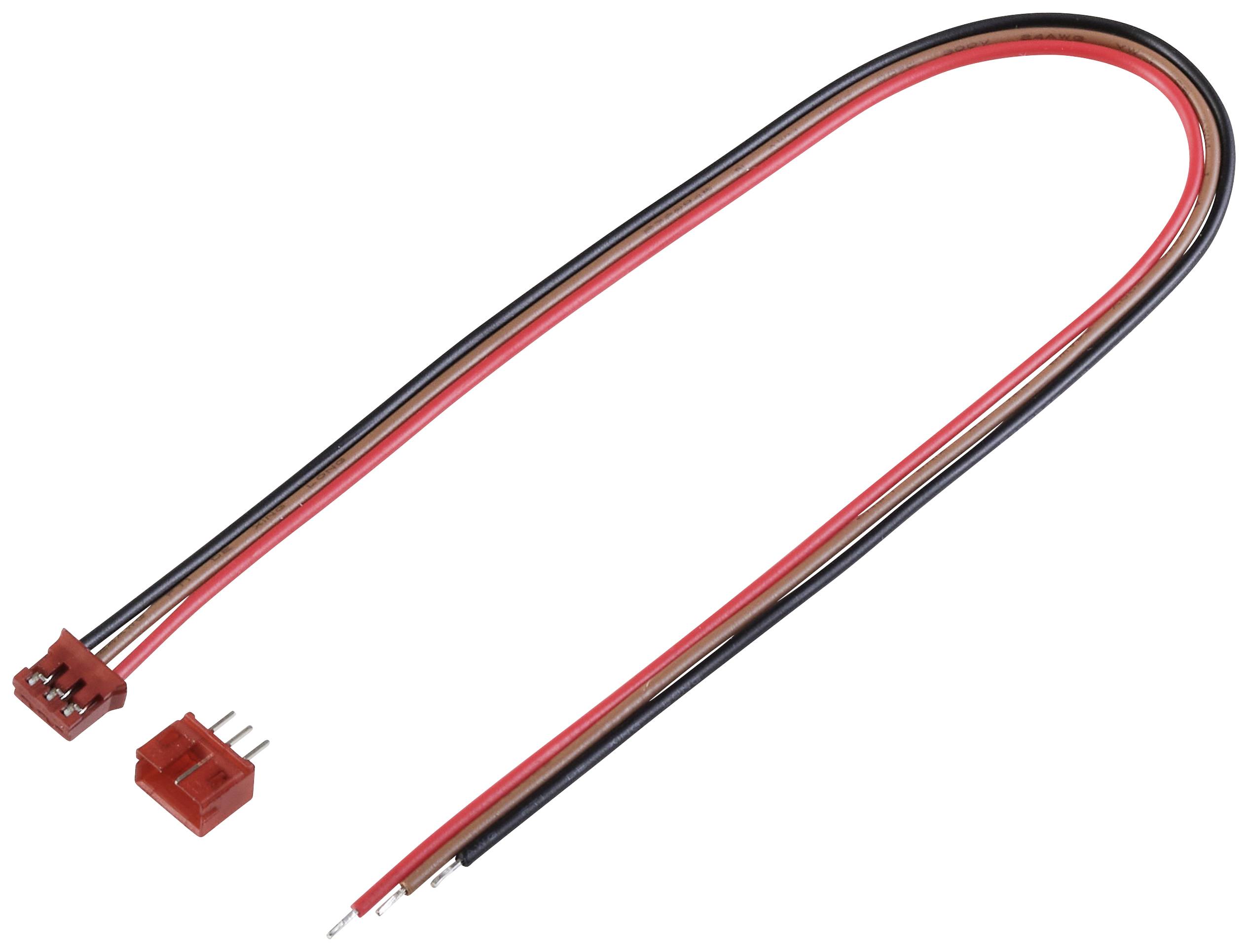 Câble rouge et noir avec une petite fiche en plastique. La fiche possède trois broches et est connectée aux câbles.