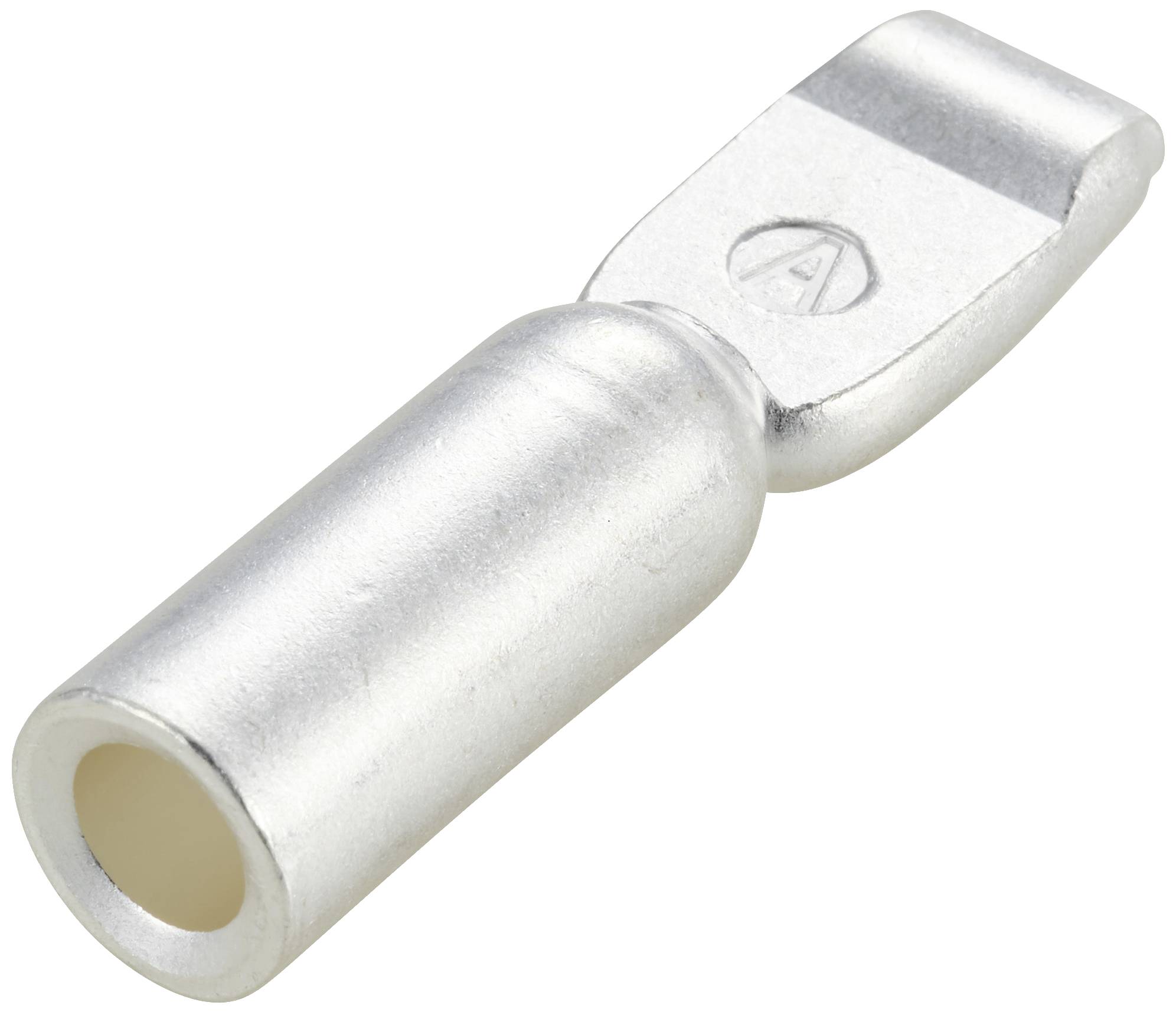 Un cosse de câble en métal argenté avec une extrémité de contact plate, utilisée pour la connexion électrique de câbles.