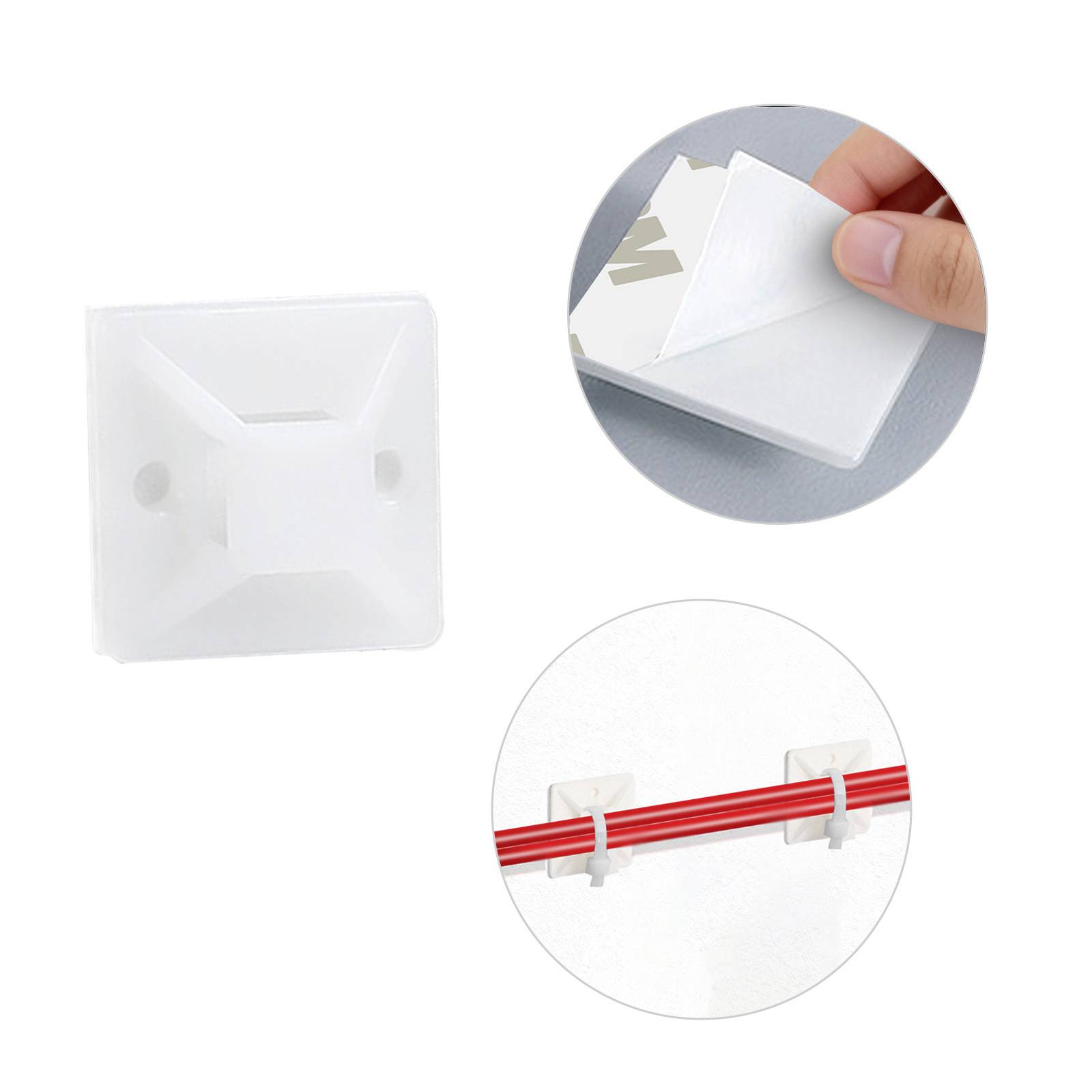 Clip de gestion de câbles avec support adhésif en cours de détachement ; montre des câbles rouges soigneusement organisés à l'aide des clips sur une surface.