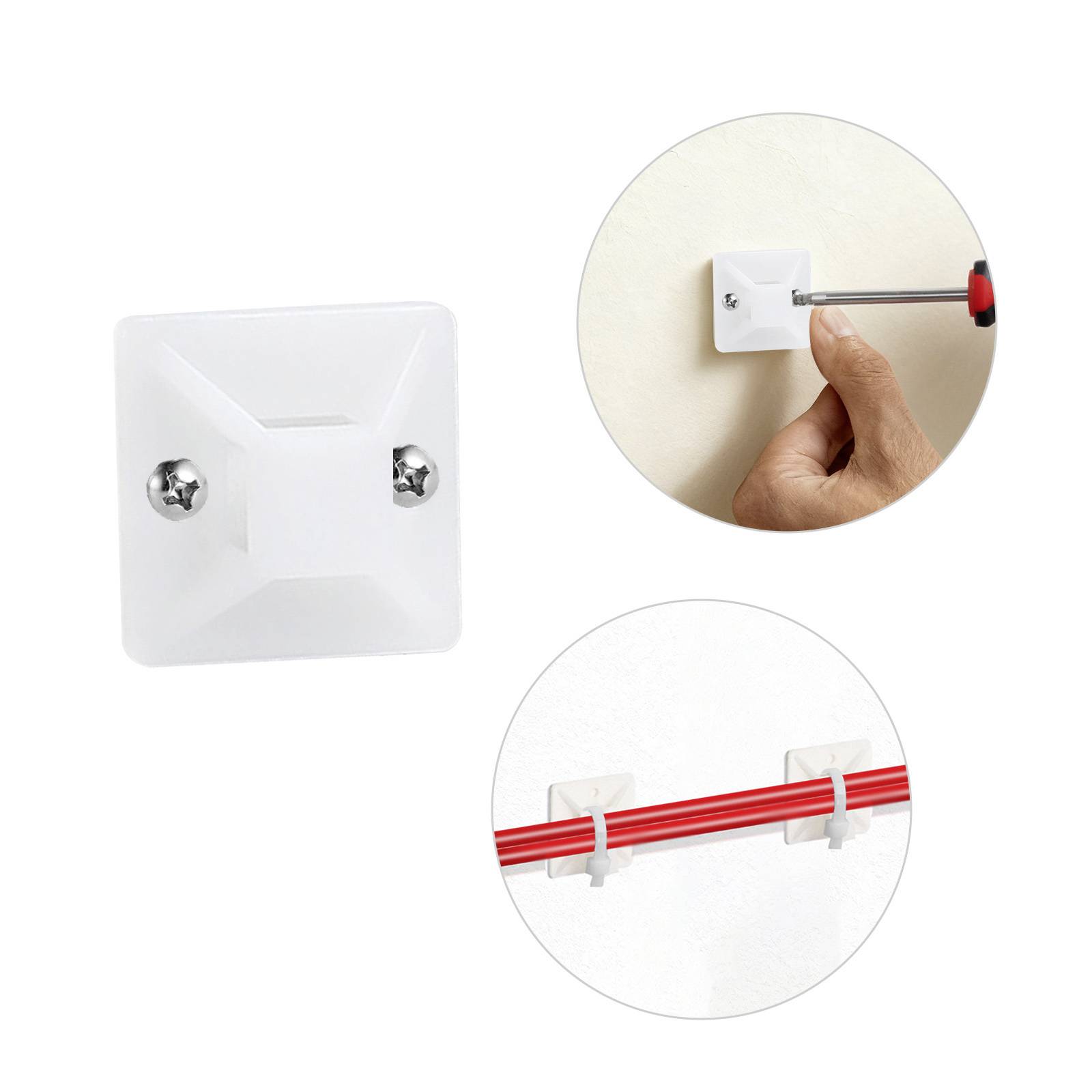 Organisateur de câbles mural : une personne utilise un tournevis pour l'installation ; maintient les câbles en place avec des clips blancs en plastique, deux vis de montage sont visibles.