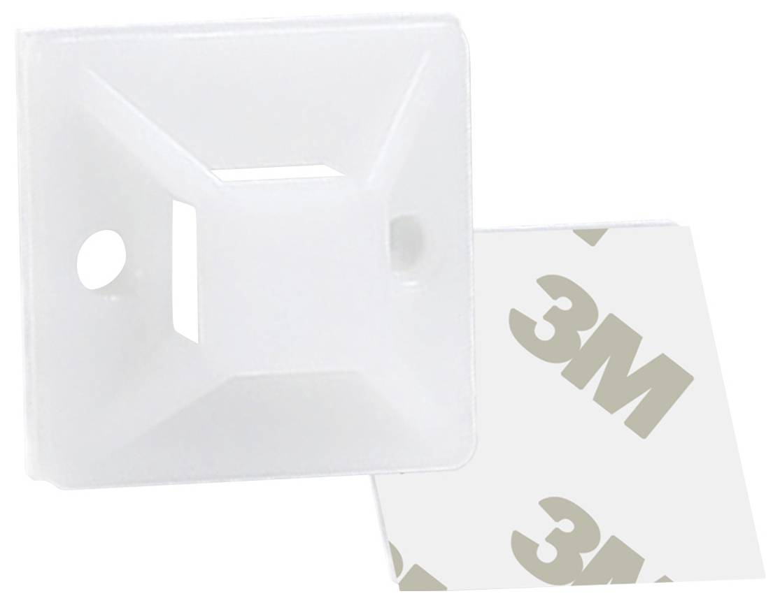 Un support de câble carré blanc avec adhésif, montrant un trou et une fente pour sécuriser les câbles. Le logo 3M est visible sur le côté adhésif.