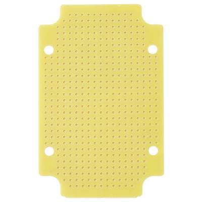 Carte de prototypage jaune avec plusieurs trous disposés en motif de grille pour l'assemblage de circuits électroniques.