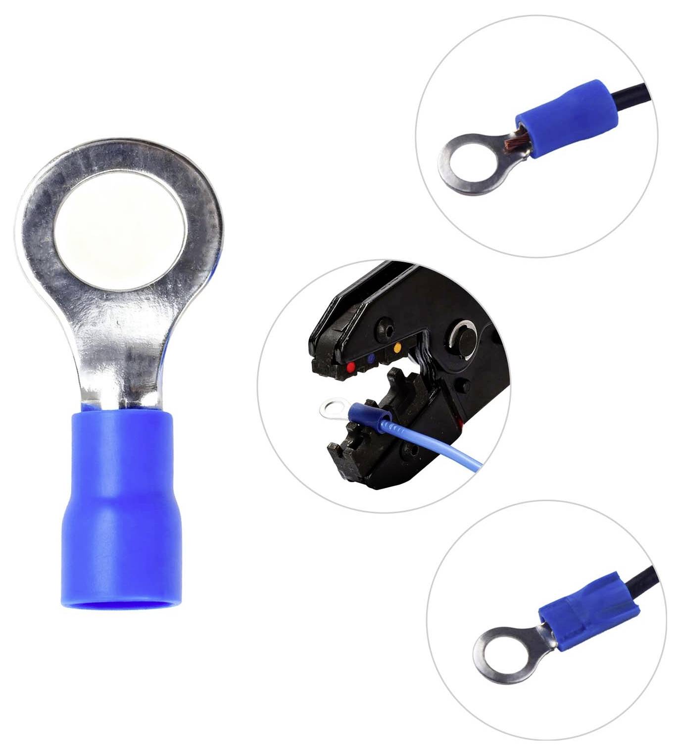 Connecteur à œillet avec gaine de crimp isolée bleue, montré assemblé sur un fil et en cours de sertissage par un outil, avec des agrandissements des bornes finies.