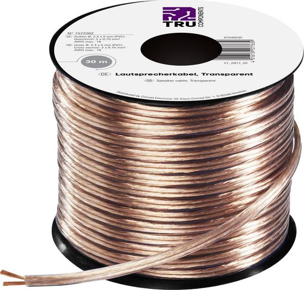 TRU COMPONENTS 1572262 Câble haut-parleur  2 x 0.75 mm² transparent 30 m