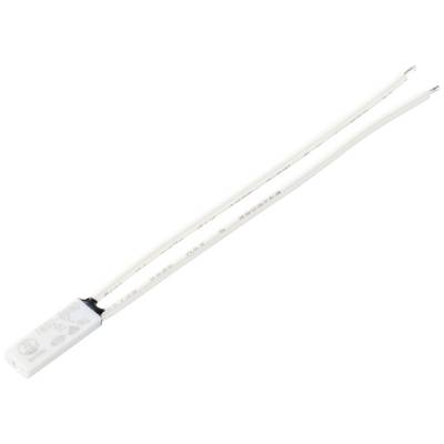 Disjoncteur thermique avec deux fils blancs et étiquette technique. Utilisé pour prévenir la surchauffe dans les appareils électriques.