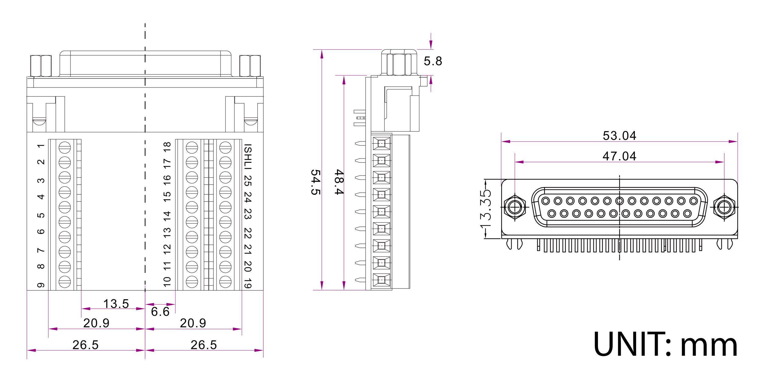 Schéma des dimensions d'un connecteur, montrant les vues de face, de côté et de dessus avec des mesures en millimètres. Comprenant 26 broches.