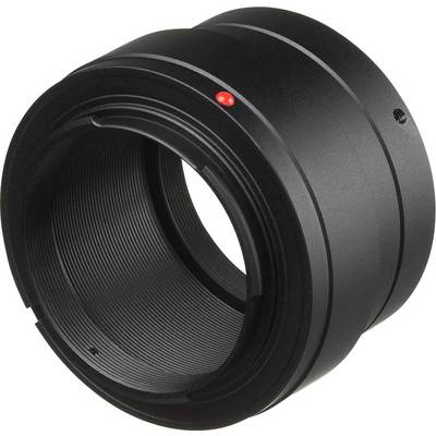 Un anneau adaptateur noir pour objectif, avec une surface intérieure striée et un point rouge en haut, permet de fixer des objectifs sur des boîtiers d'appareil photo.