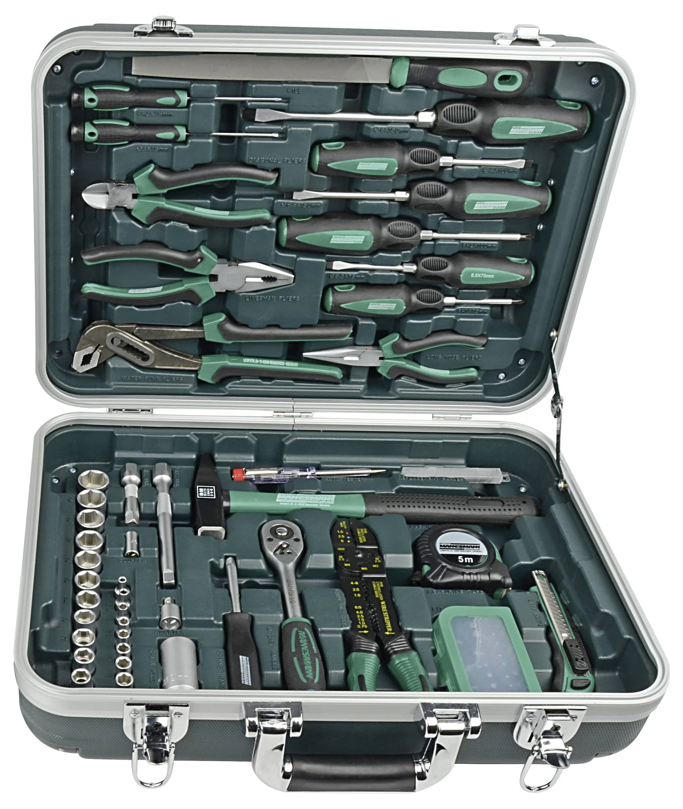 Une boîte à outils ouverte présentant un ensemble d'outils variés, comprenant des pinces, des clés, des tournevis et un mètre ruban, soigneusement rangés dans un étui vert et noir.