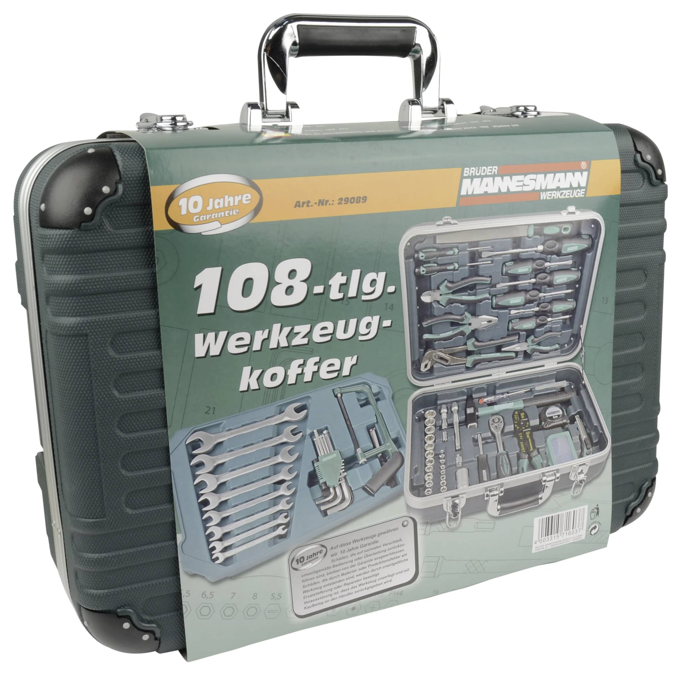 Une boîte à outils verte à coque rigide affichant '108-tlg. Werkzeugkoffer', contenant divers outils tels que des clés et des tournevis, avec une marque déposée.