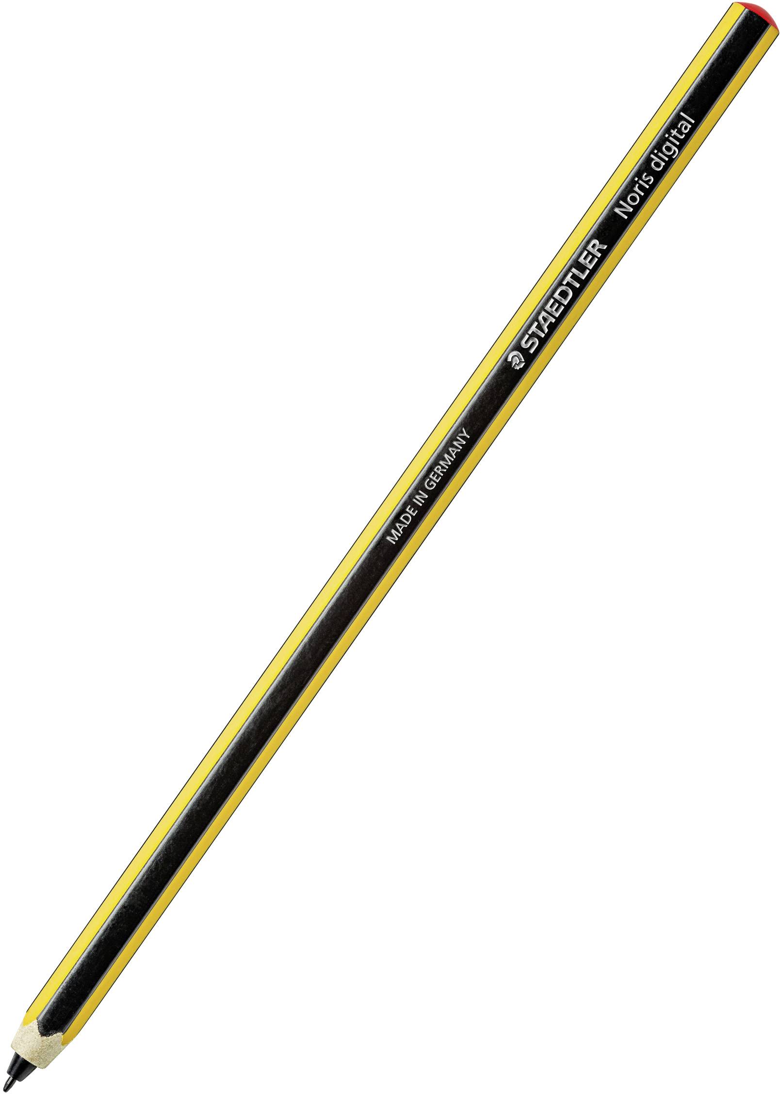 Crayon à pointe numérique, noir et jaune avec une extrémité rouge, portant l'inscription 'STAEDTLER Noris digital'. Idéal pour tablettes et smartphones.