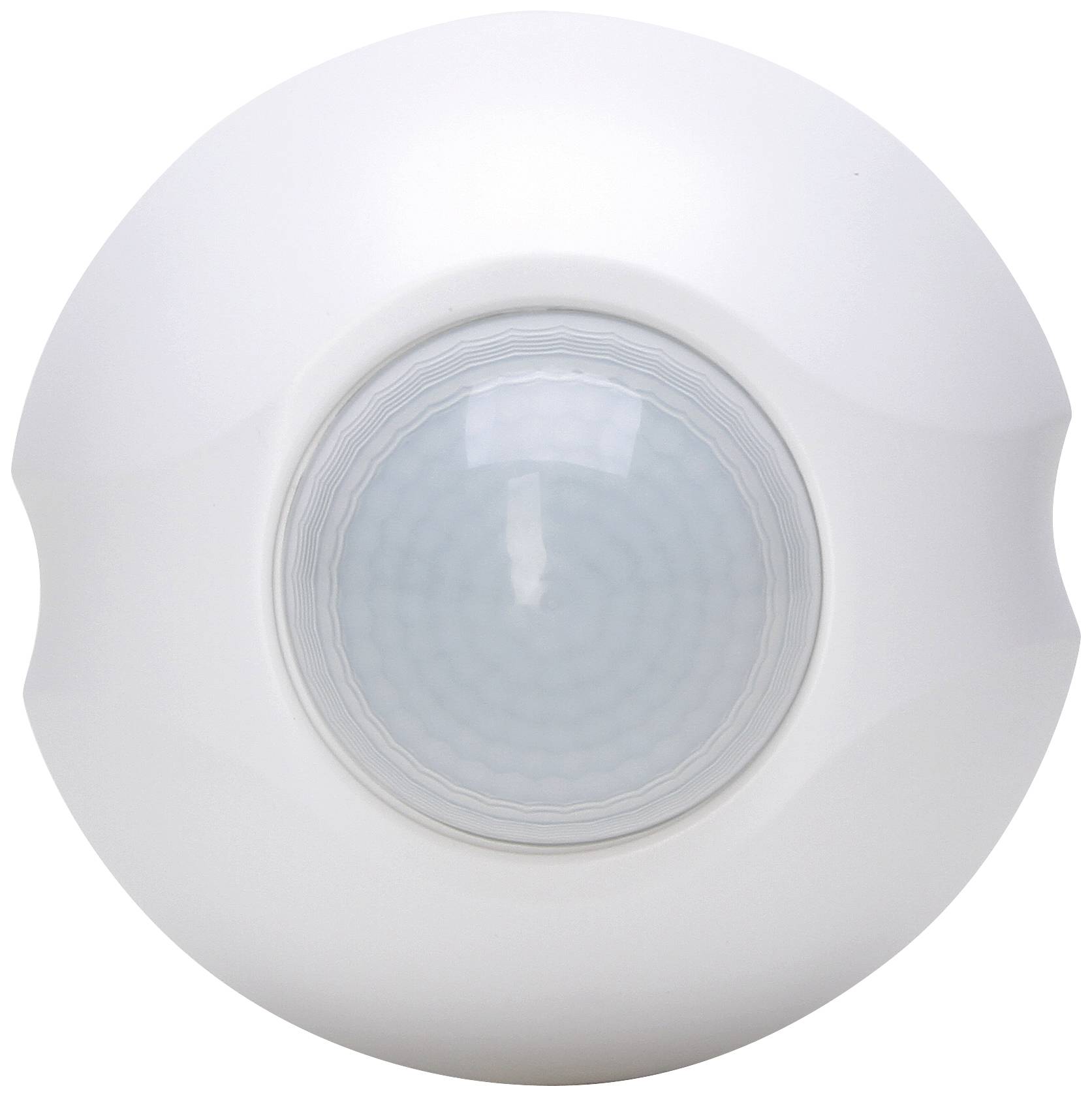 Un capteur de mouvement blanc avec un design en forme de dôme et une lentille transparente au centre.