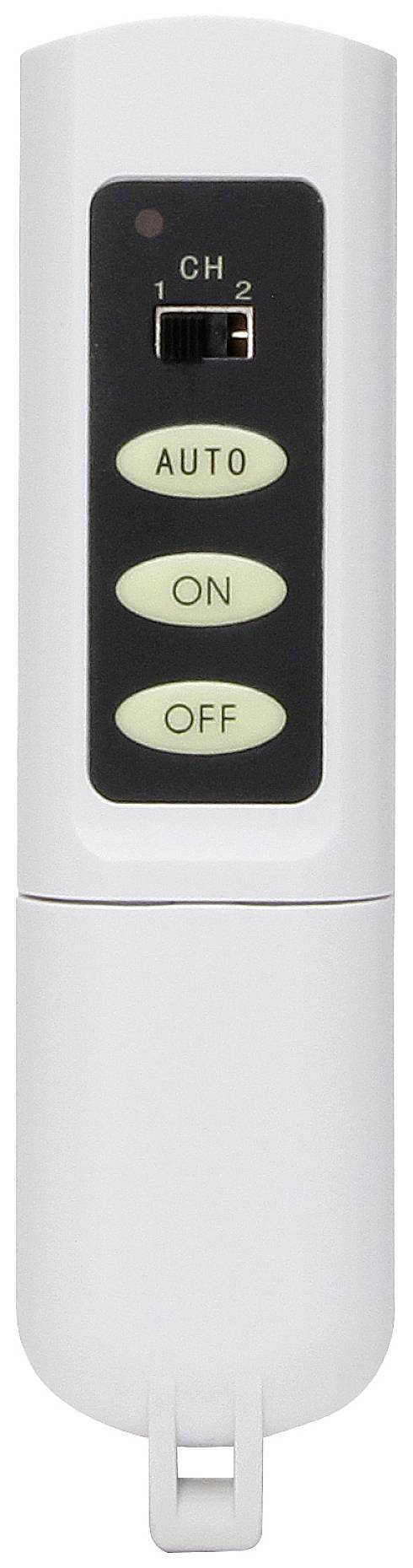 Télécommande blanche avec un curseur coulissant, trois boutons 'AUTO', 'ON', 'OFF'. Conçue pour le réglage des canaux et le contrôle.
